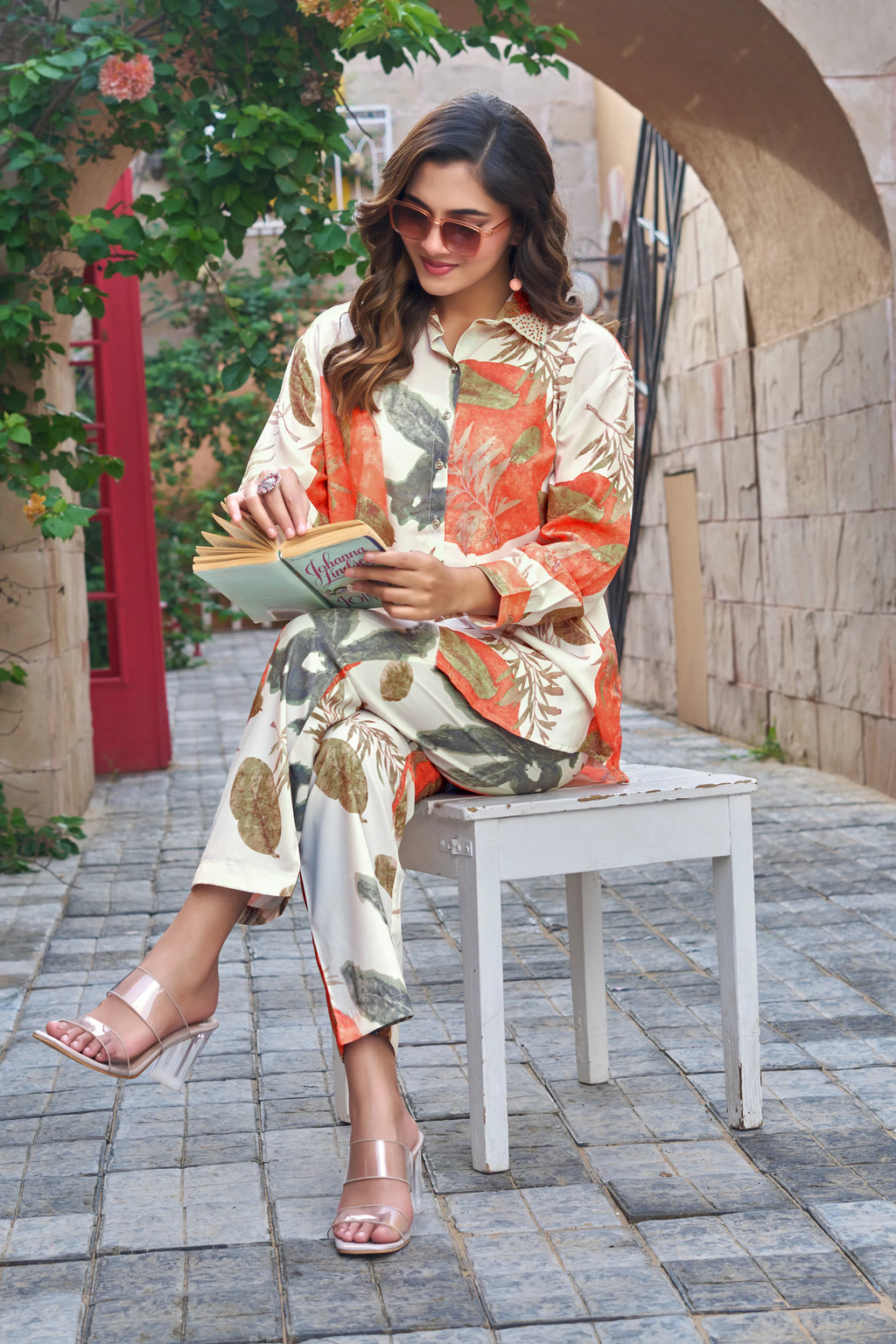 Beige & Orange Tropical Print Co-ord Set