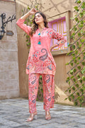 Peach Base Paisley Print Muslin Kurta Pant Set