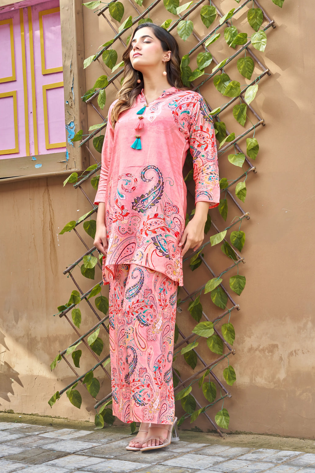Peach Base Paisley Print Muslin Kurta Pant Set