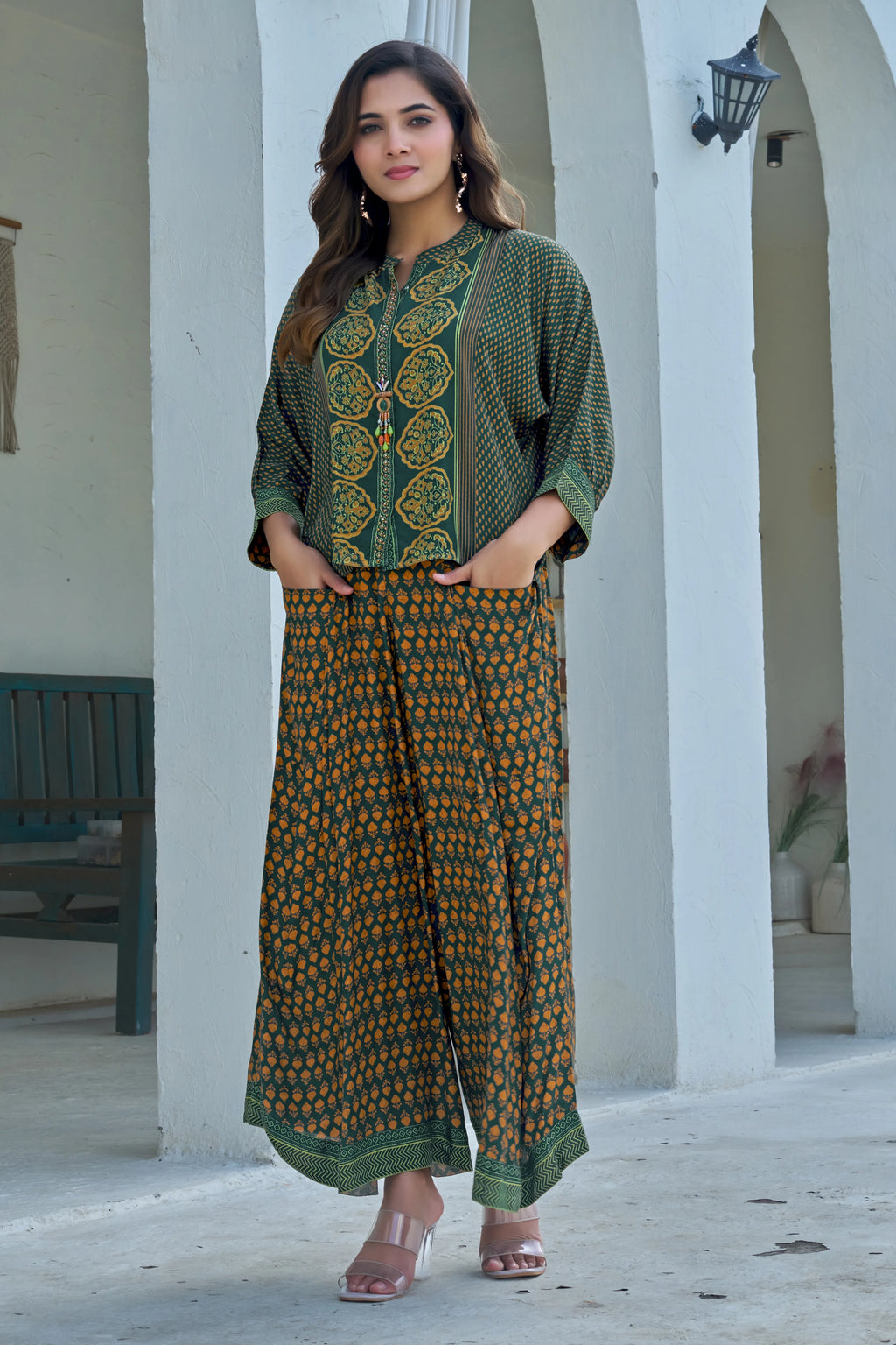 Dark Green & Golden Yellow Handblock Elegance Co-ord Set