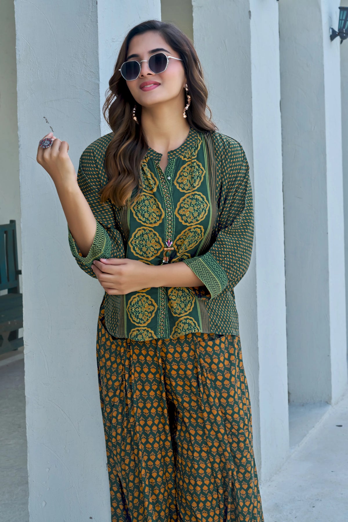 Dark Green & Golden Yellow Handblock Elegance Co-ord Set