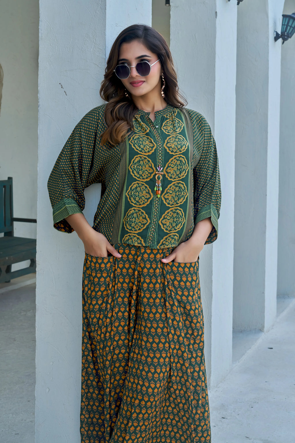 Dark Green & Golden Yellow Handblock Elegance Co-ord Set