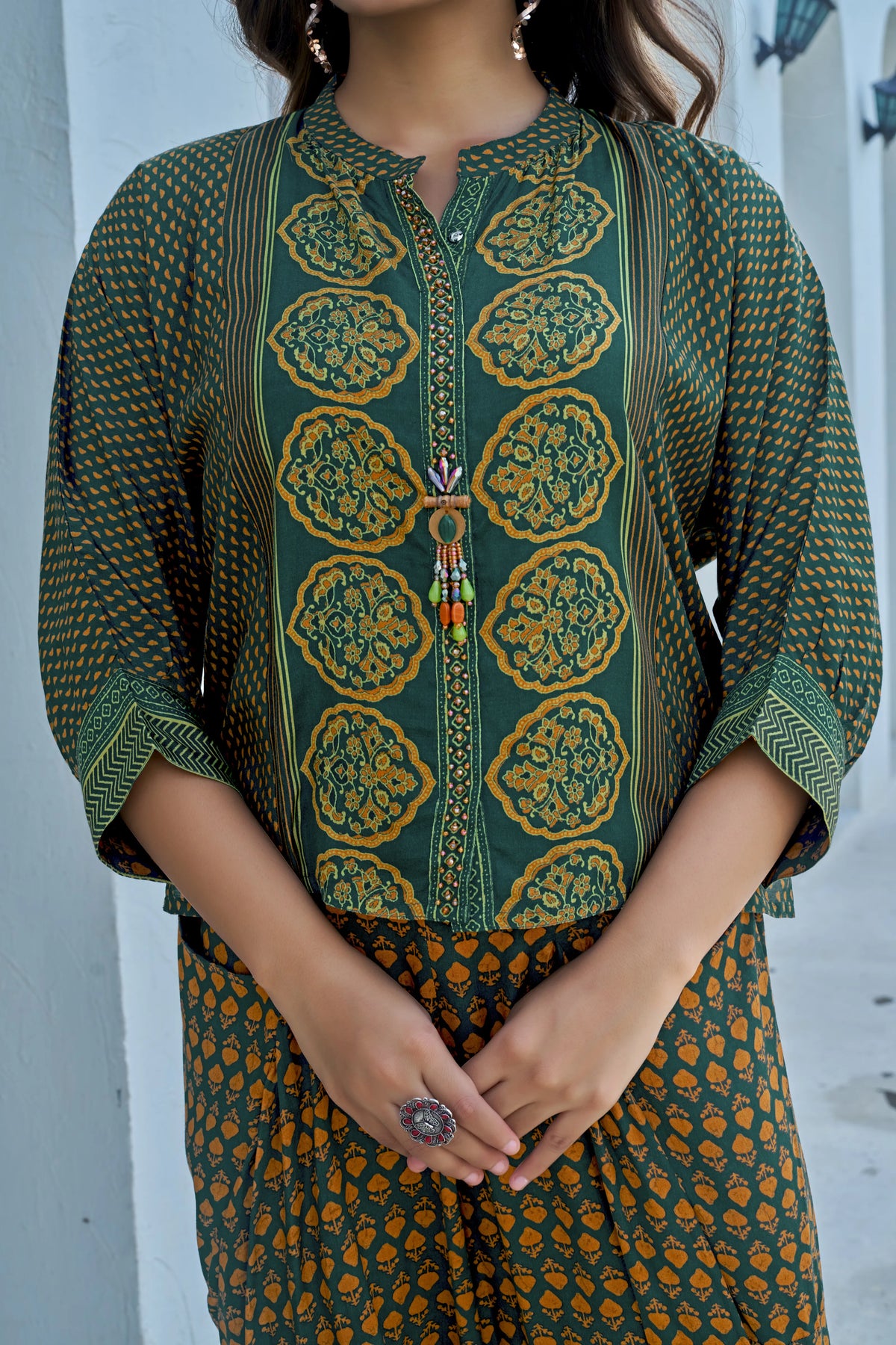 Dark Green & Golden Yellow Handblock Elegance Co-ord Set