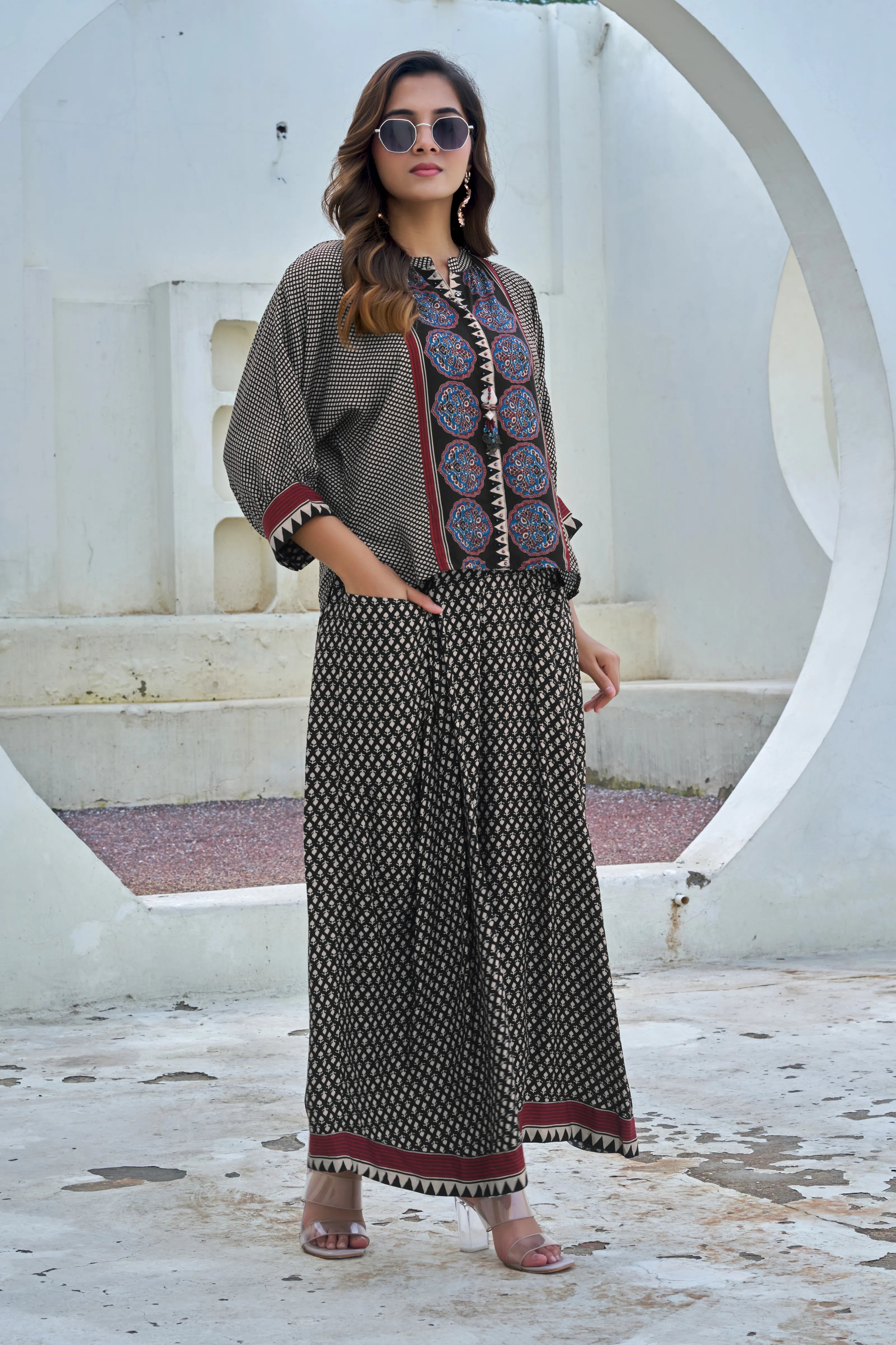 Black & Cream Handblock Buti & Border Print Co-ord Set