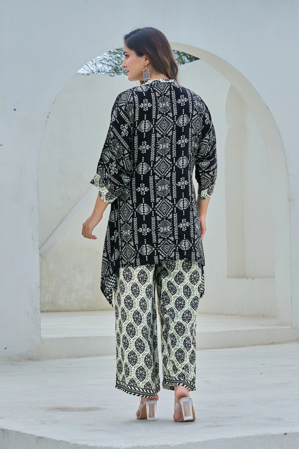 Black & Ivory Ethnic Motif Viscose Silk Co-ord Set