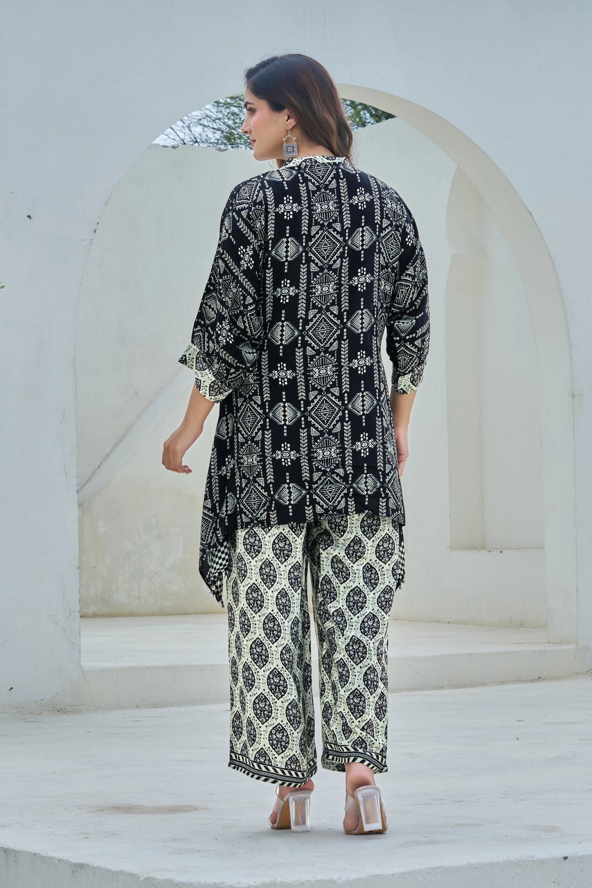 Black & Ivory Ethnic Motif Viscose Silk Co-ord Set
