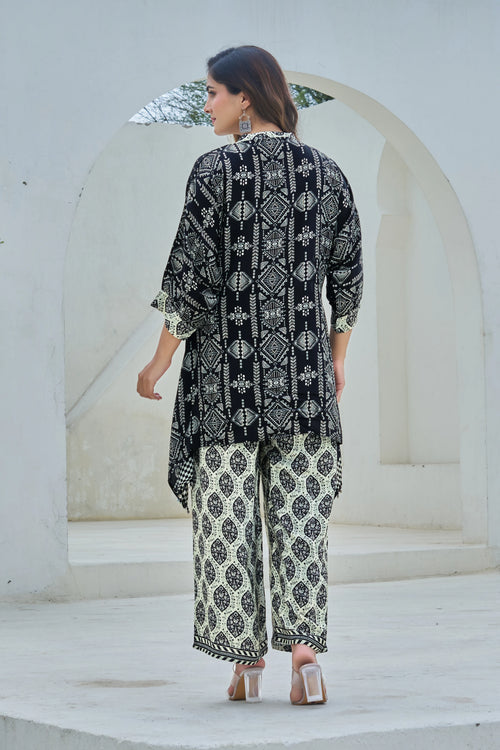 Black & Ivory Ethnic Motif Viscose Silk Co-ord Set