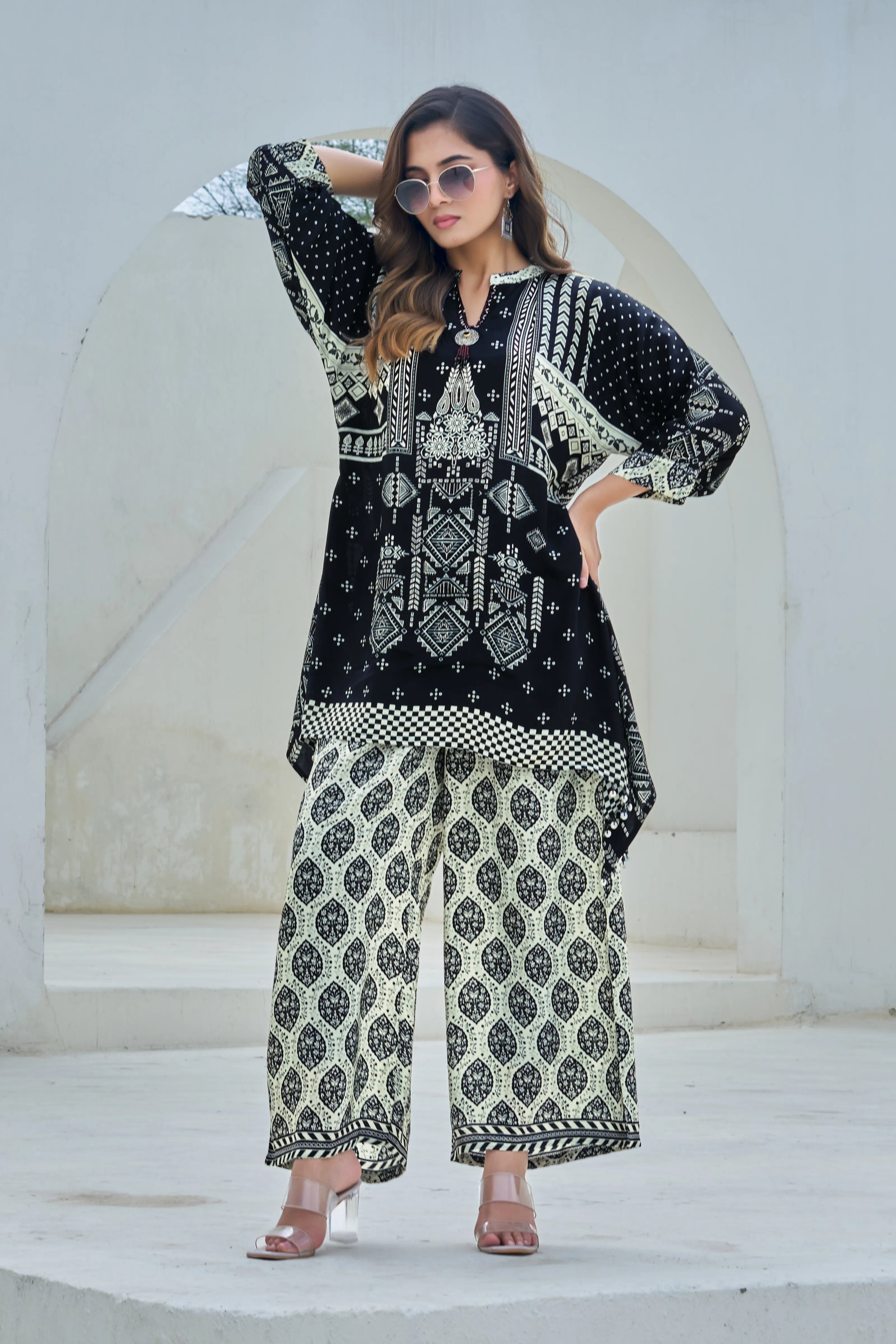 Black & Ivory Ethnic Motif Viscose Silk Co-ord Set