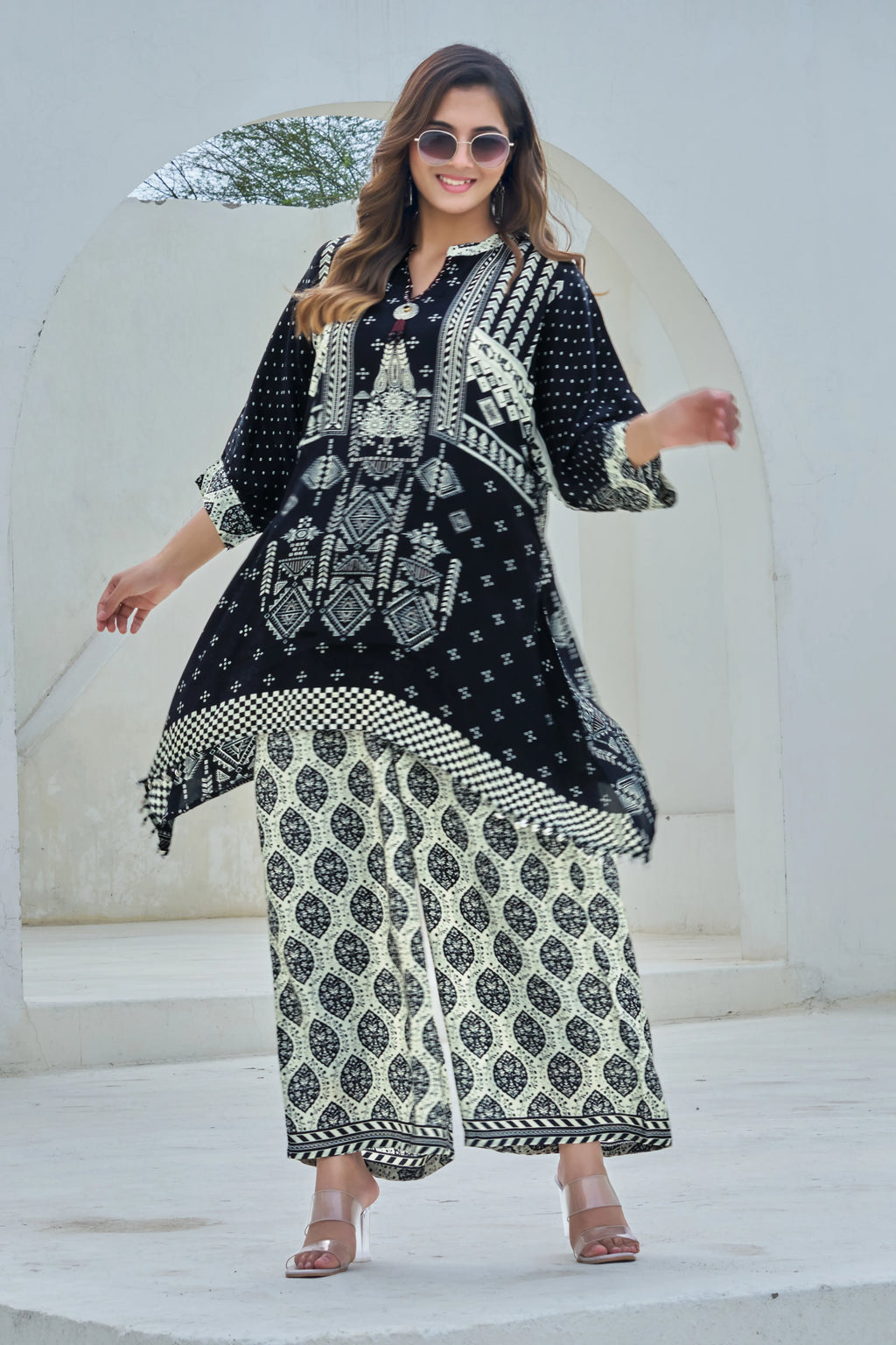 Black & Ivory Ethnic Motif Viscose Silk Co-ord Set