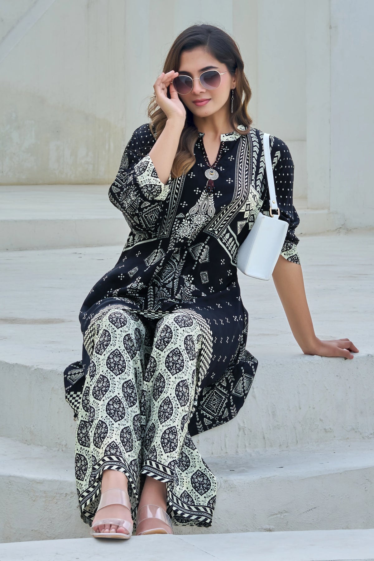 Black & Ivory Ethnic Motif Viscose Silk Co-ord Set