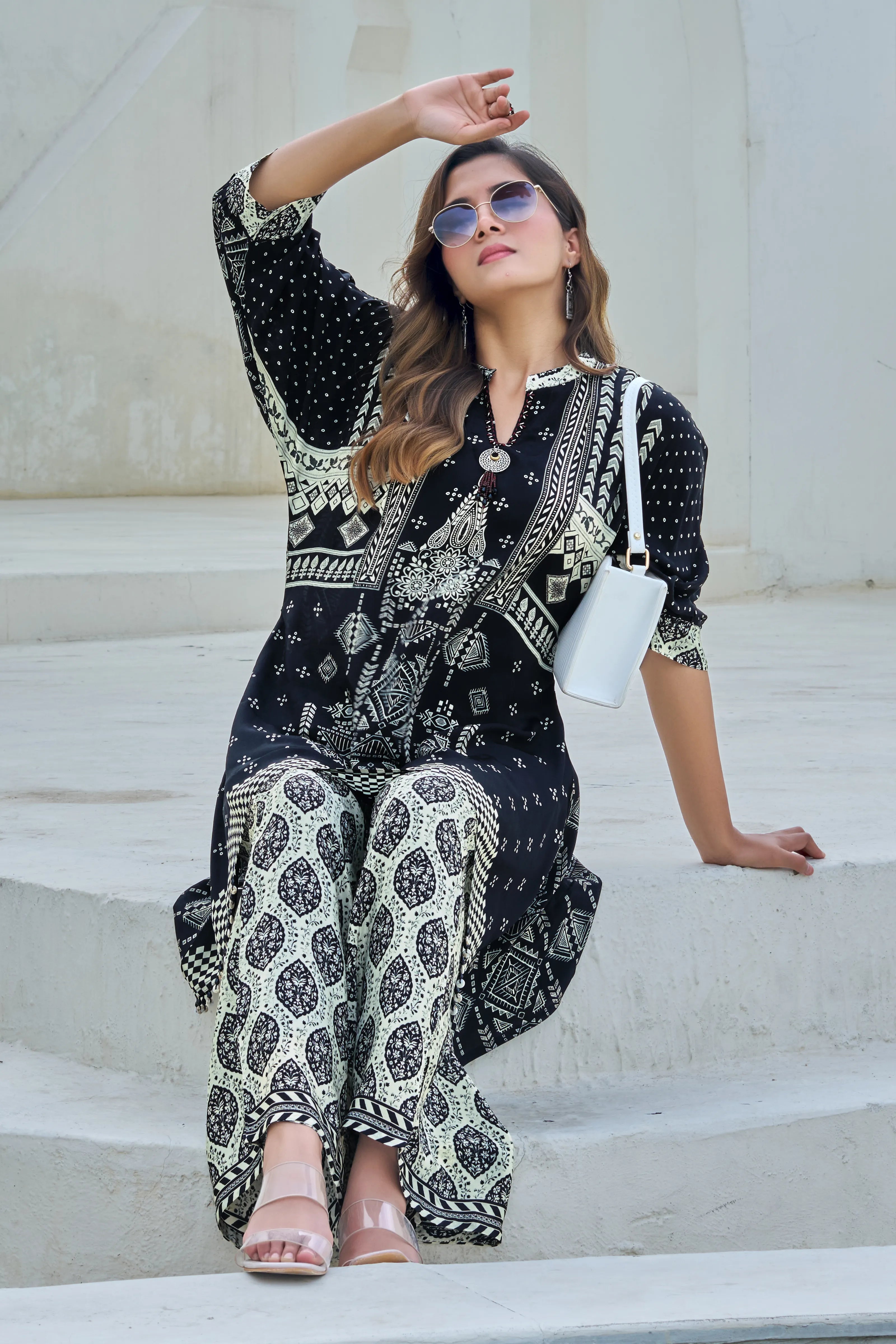 Black & Ivory Ethnic Motif Viscose Silk Co-ord Set