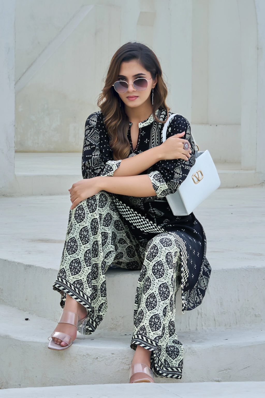 Black & Ivory Ethnic Motif Viscose Silk Co-ord Set