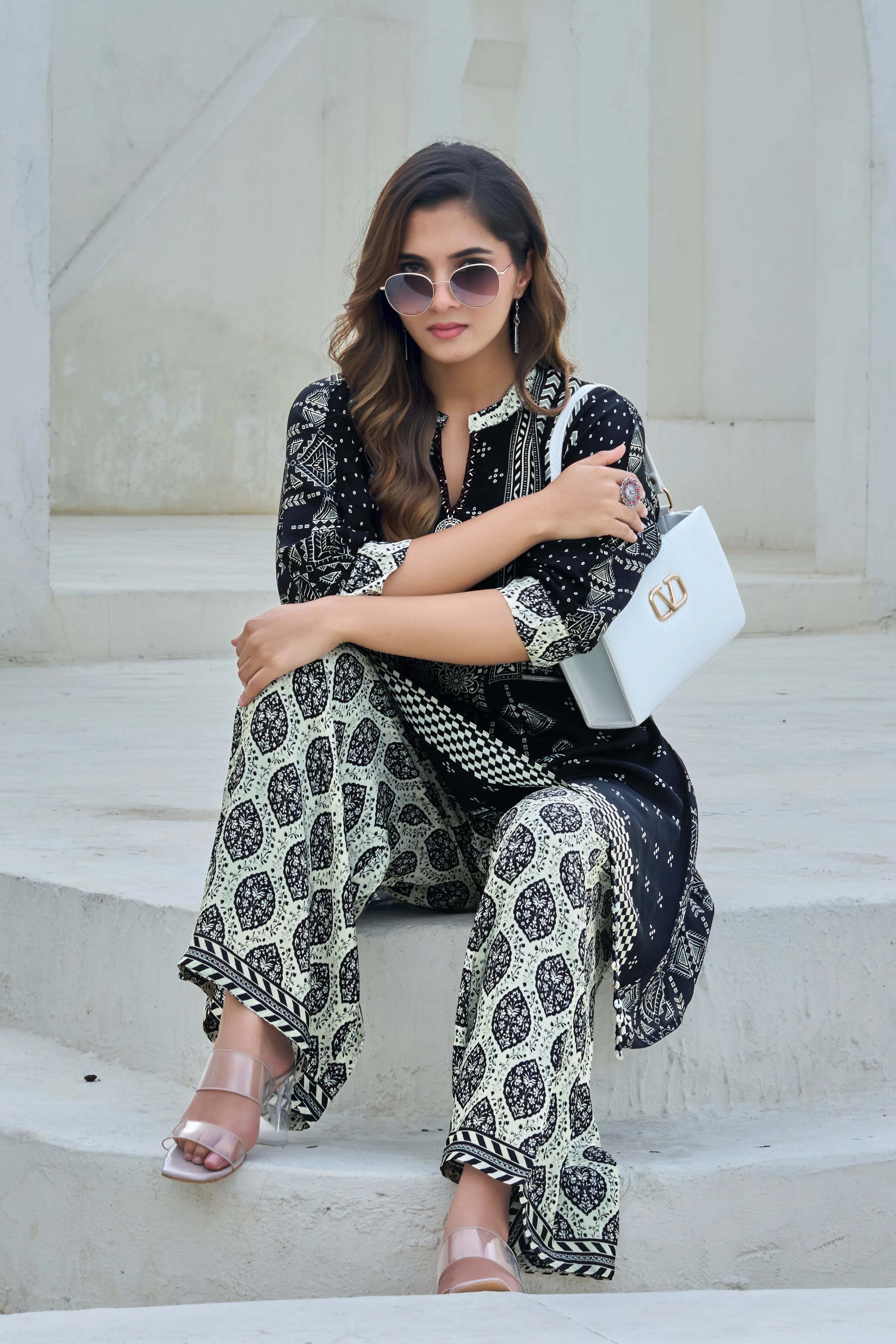 Black & Ivory Ethnic Motif Viscose Silk Co-ord Set