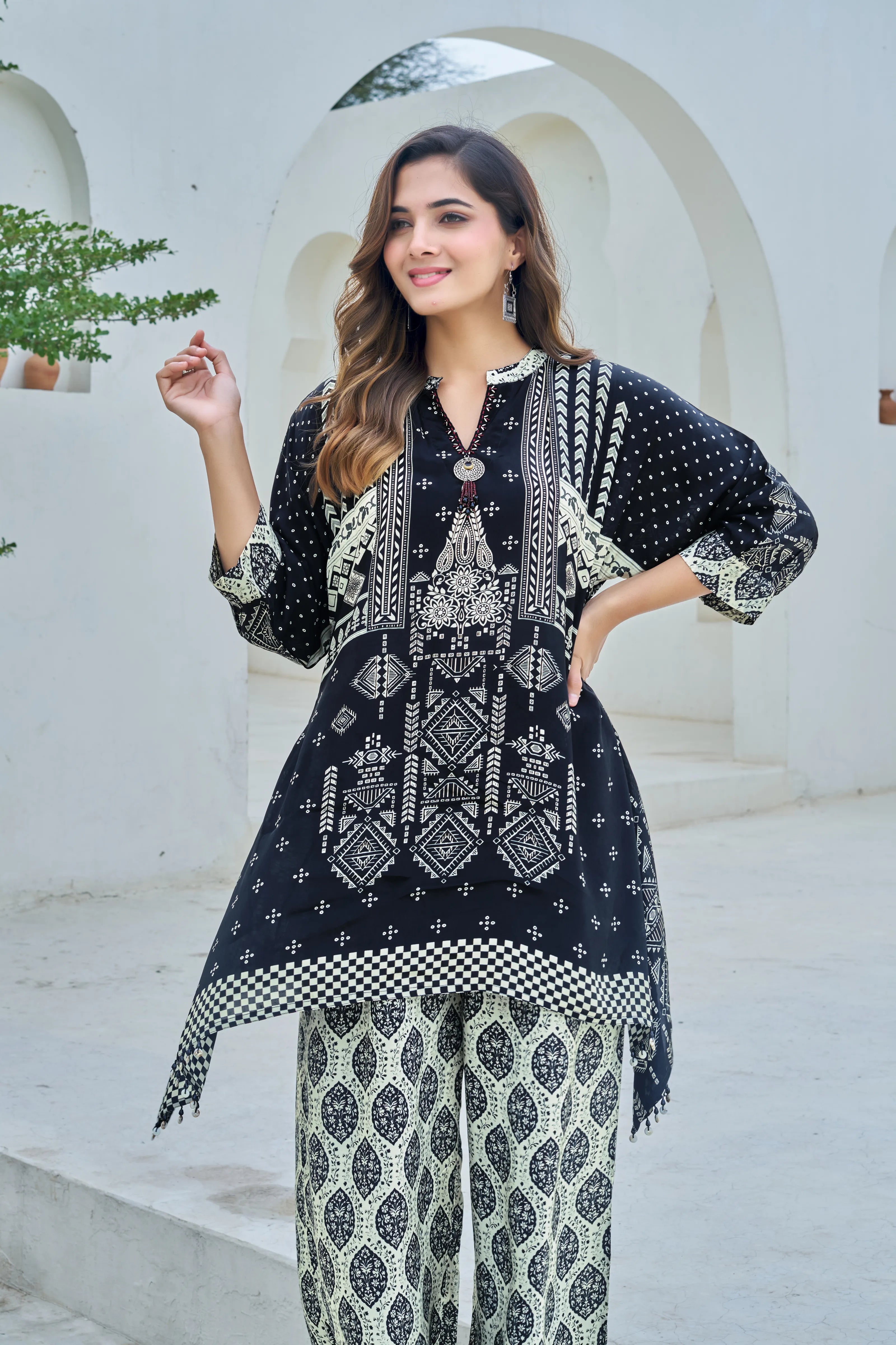 Black & Ivory Ethnic Motif Viscose Silk Co-ord Set