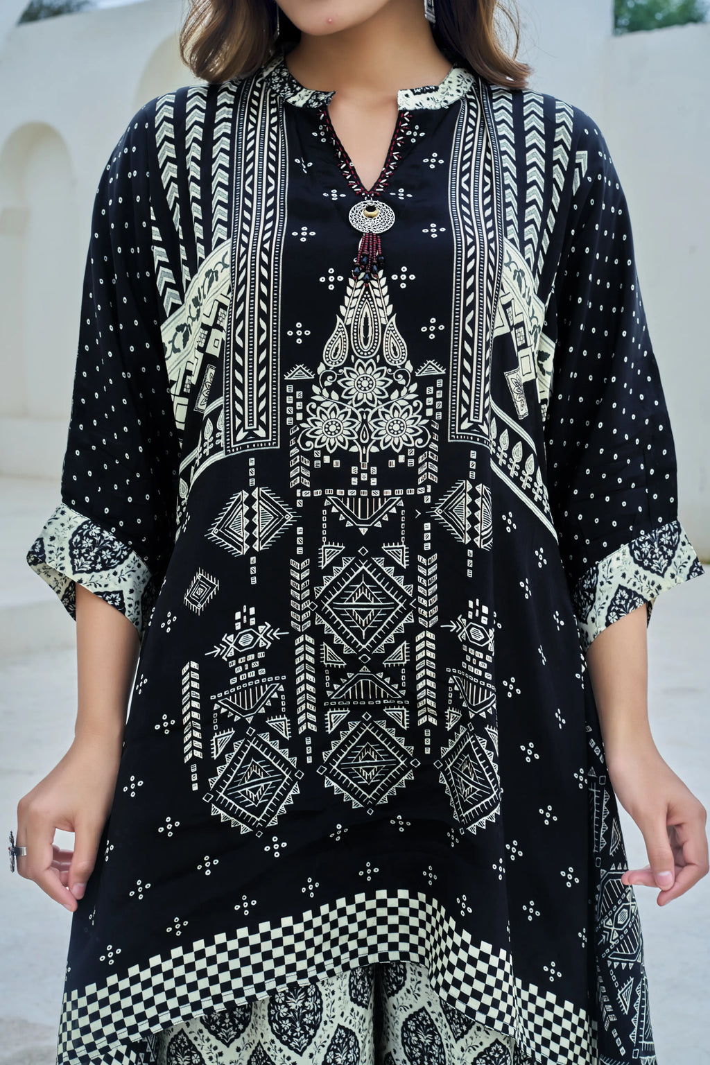 Black & Ivory Ethnic Motif Viscose Silk Co-ord Set