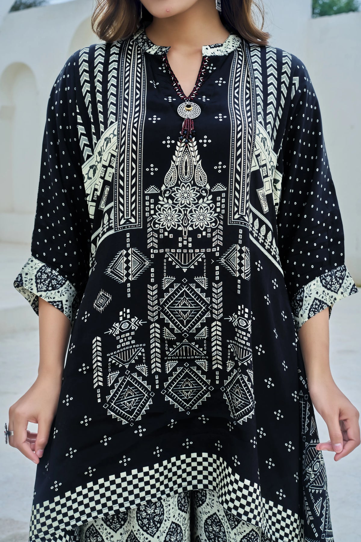 Black & Ivory Ethnic Motif Viscose Silk Co-ord Set