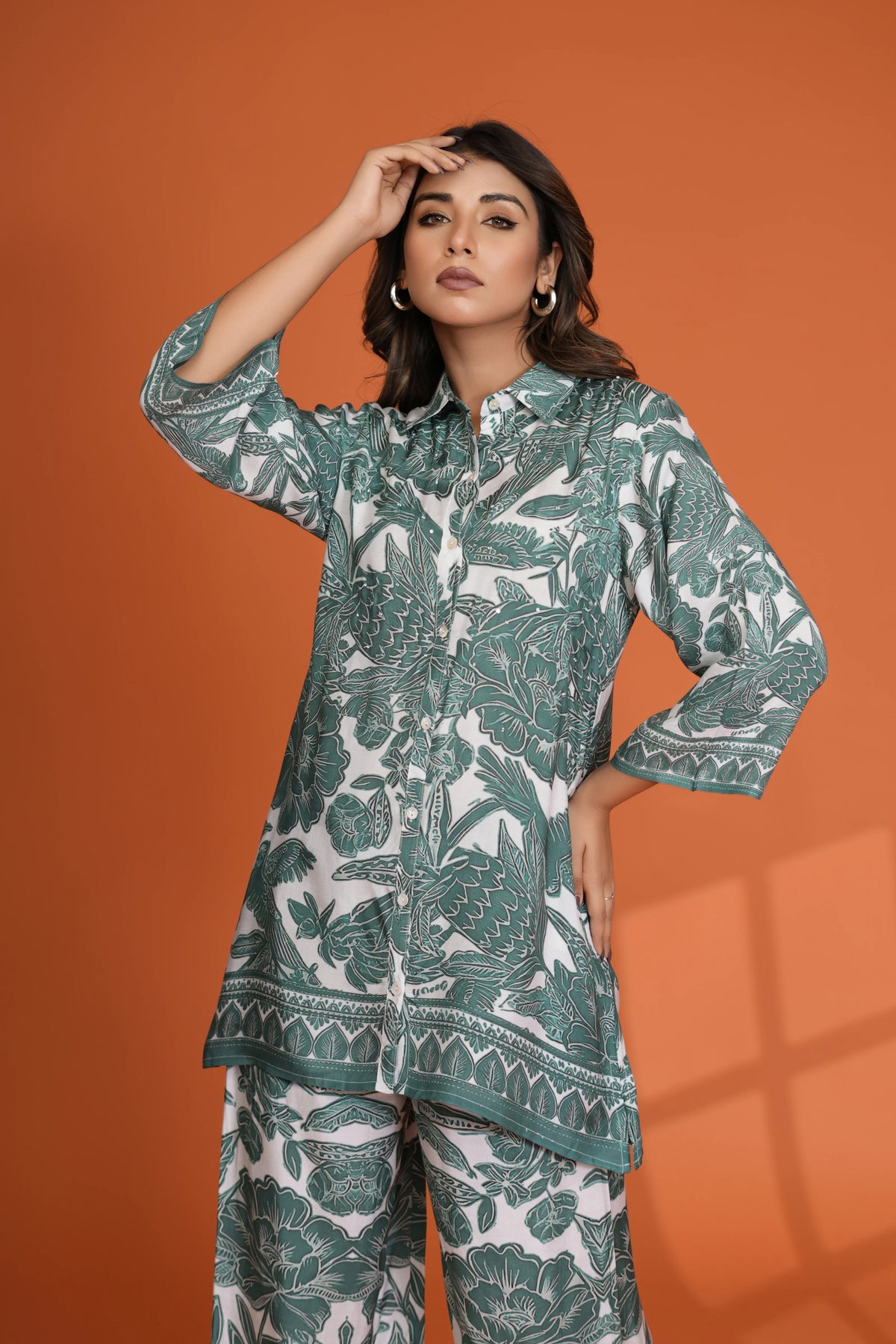 White & Green Leaf Printed Sequin Work Muslin Co-Ord Set