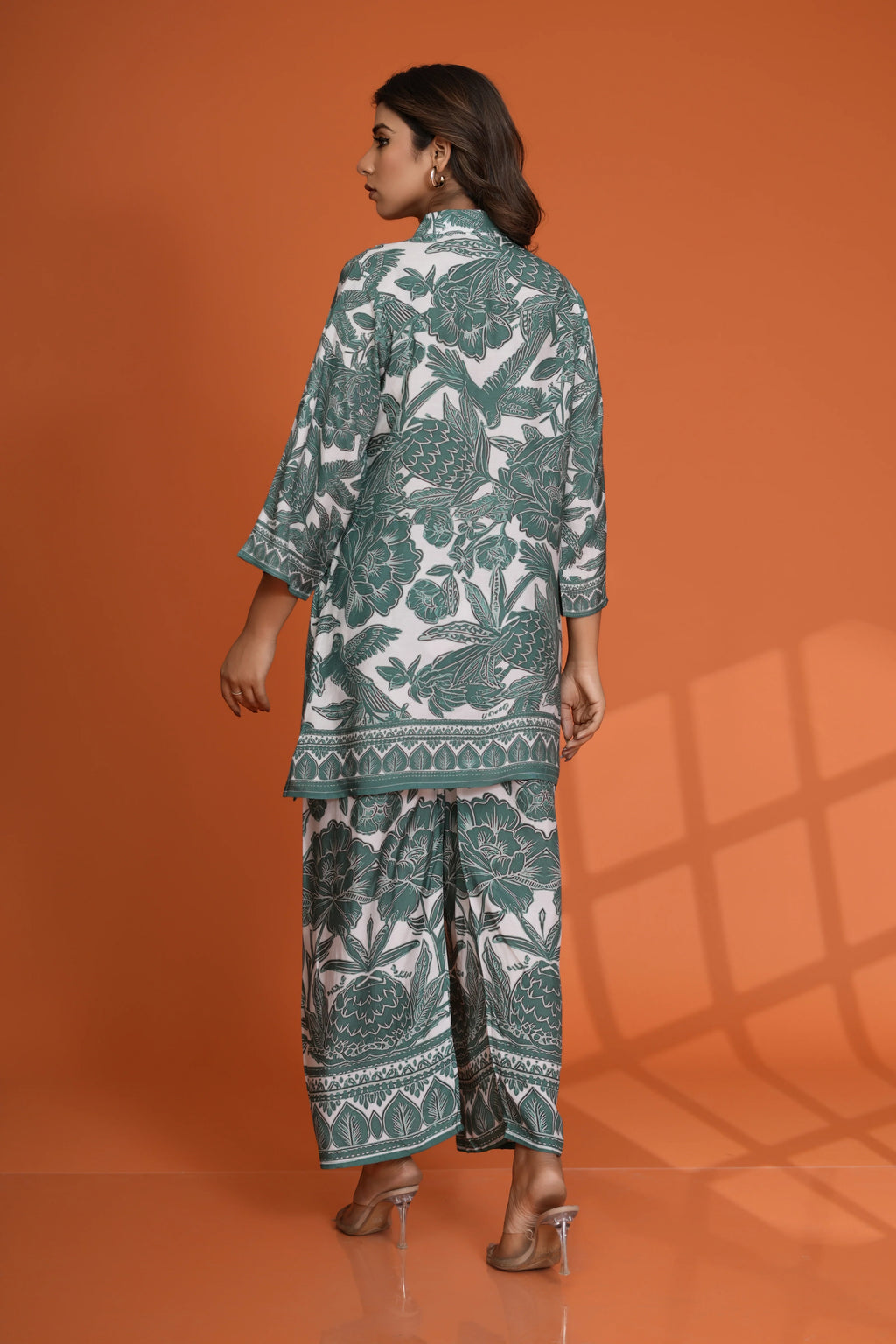 White & Green Leaf Printed Sequin Work Muslin Co-Ord Set
