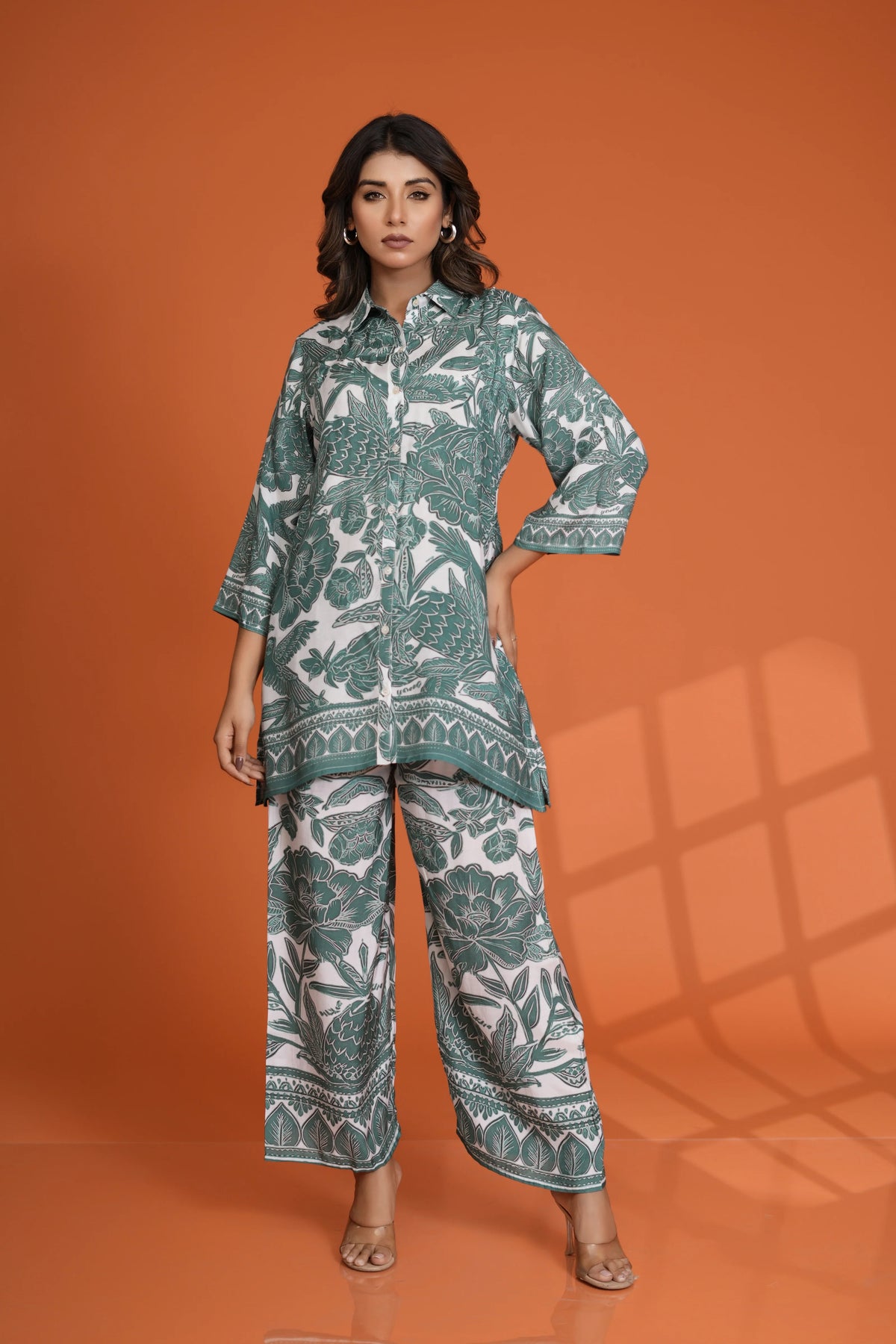 White & Green Leaf Printed Sequin Work Muslin Co-Ord Set