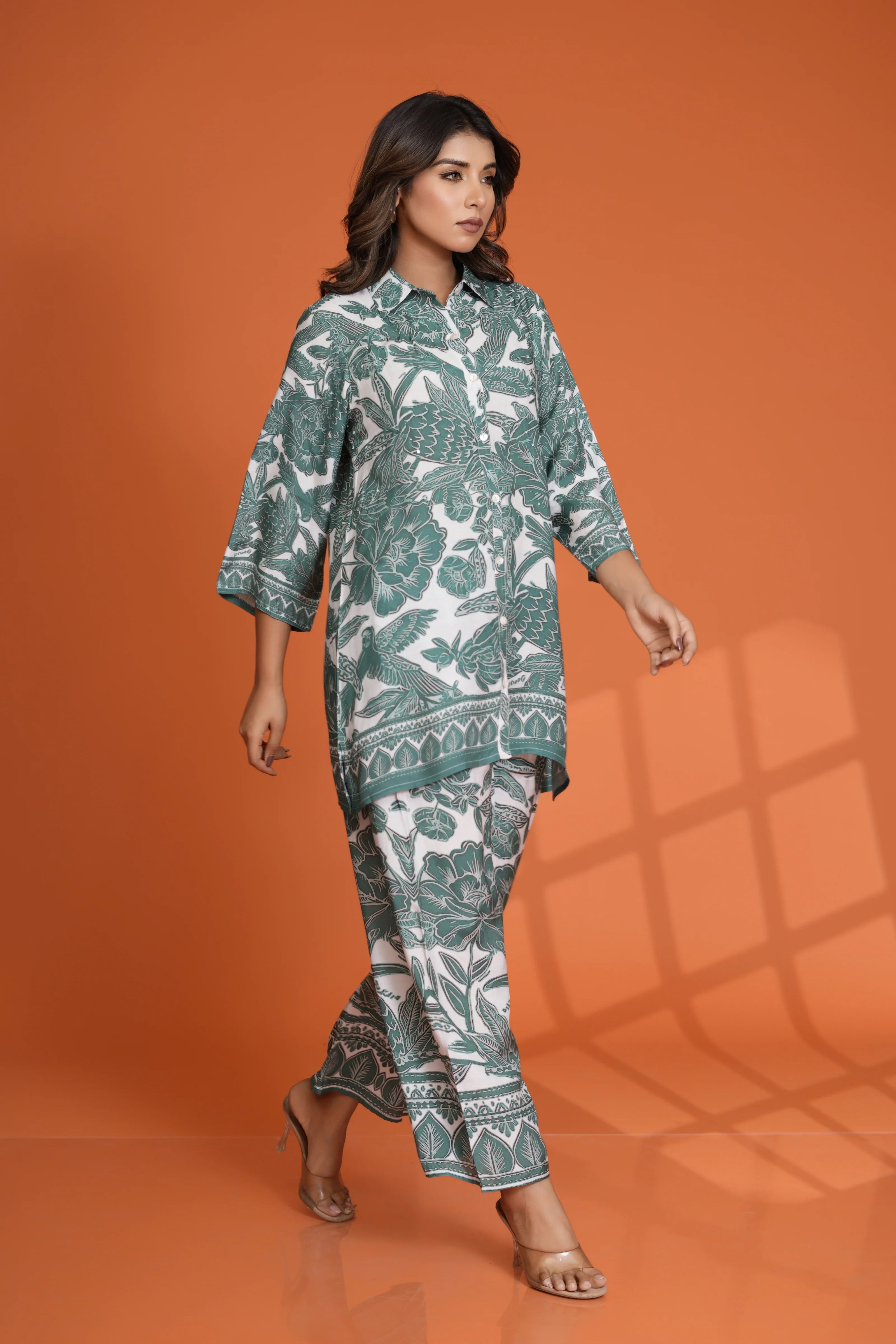 White & Green Leaf Printed Sequin Work Muslin Co-Ord Set