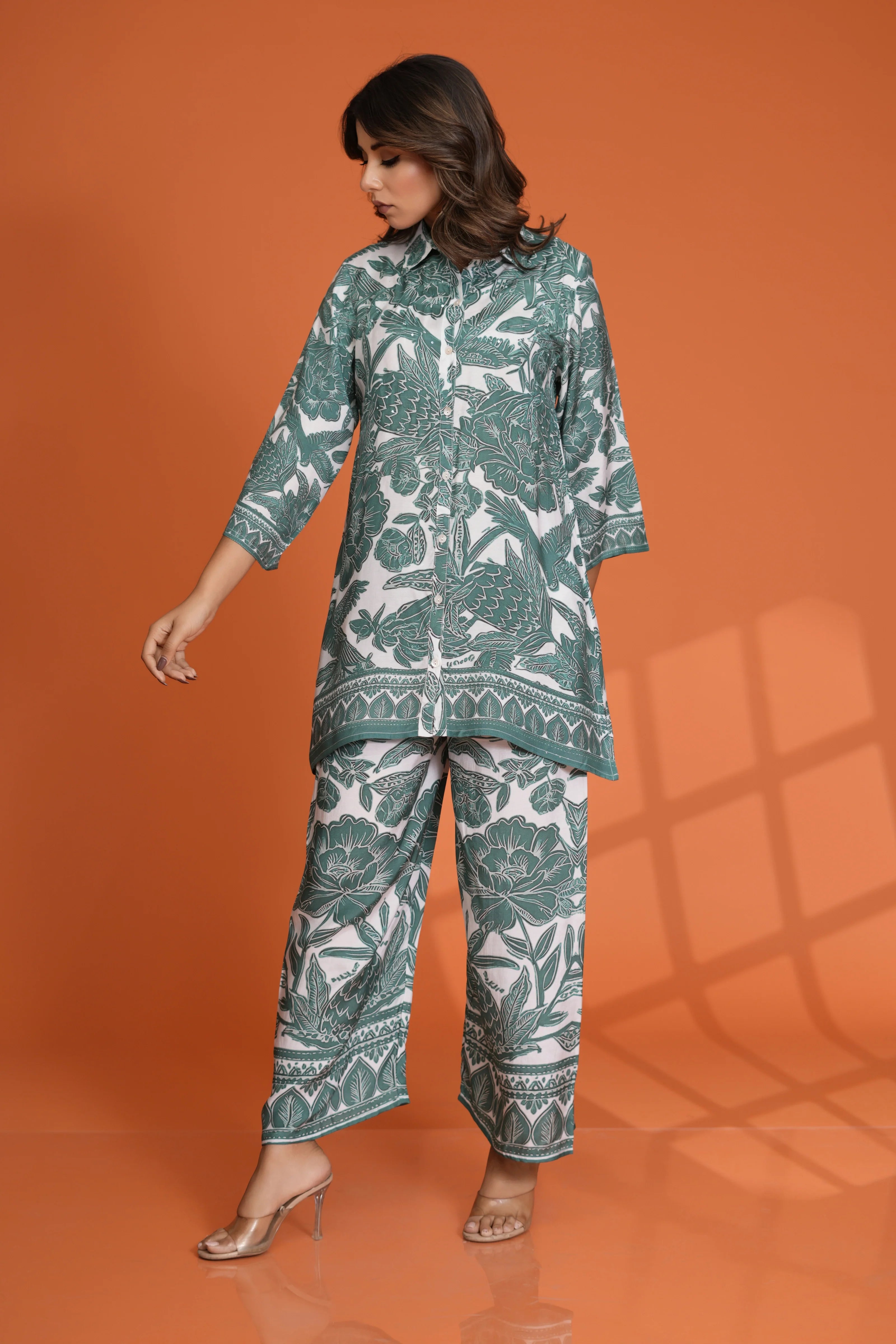 White & Green Leaf Printed Sequin Work Muslin Co-Ord Set