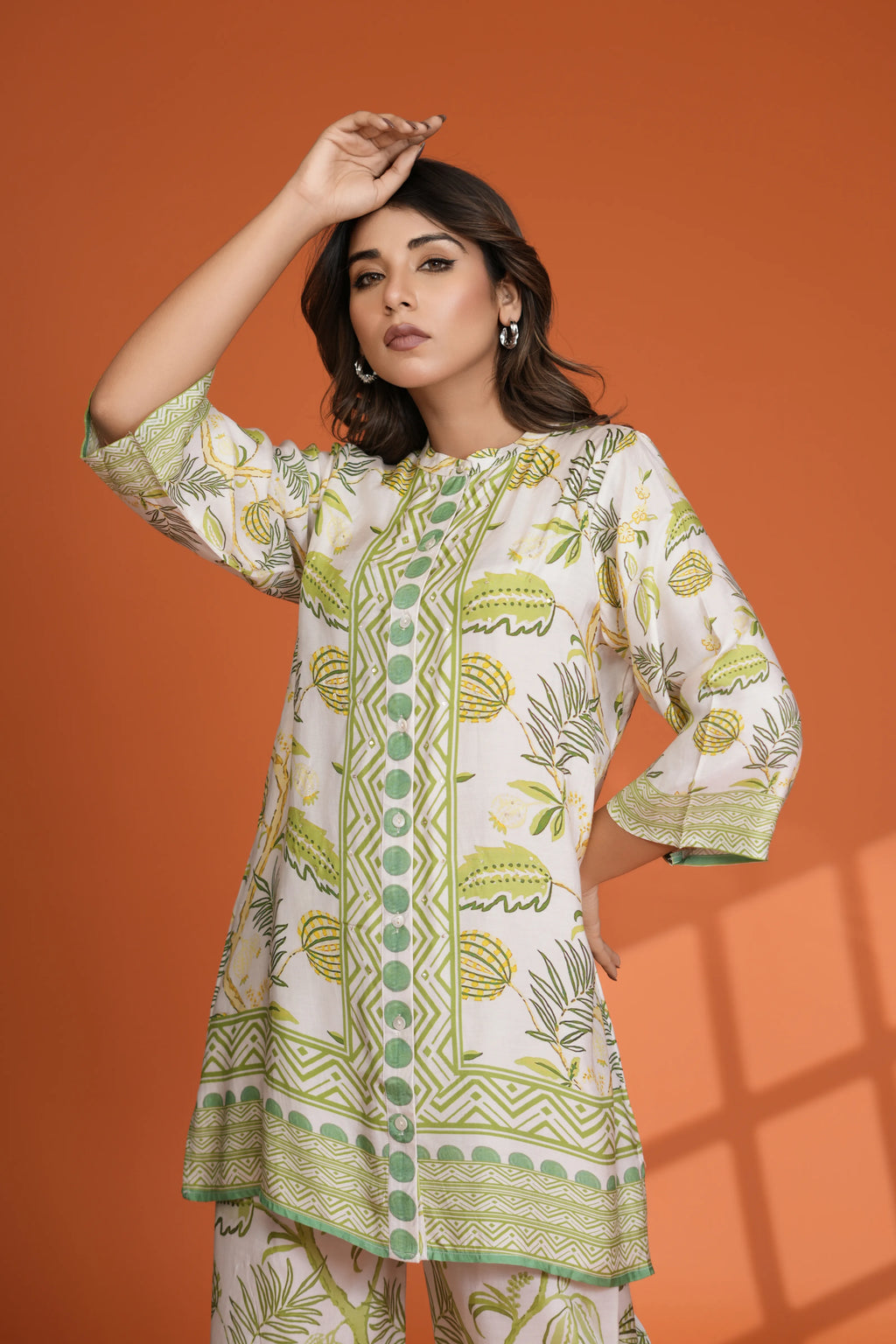 Off-White Abstract Floral Print Co-Ord Set with Sequin Detailing in Viscose Muslin