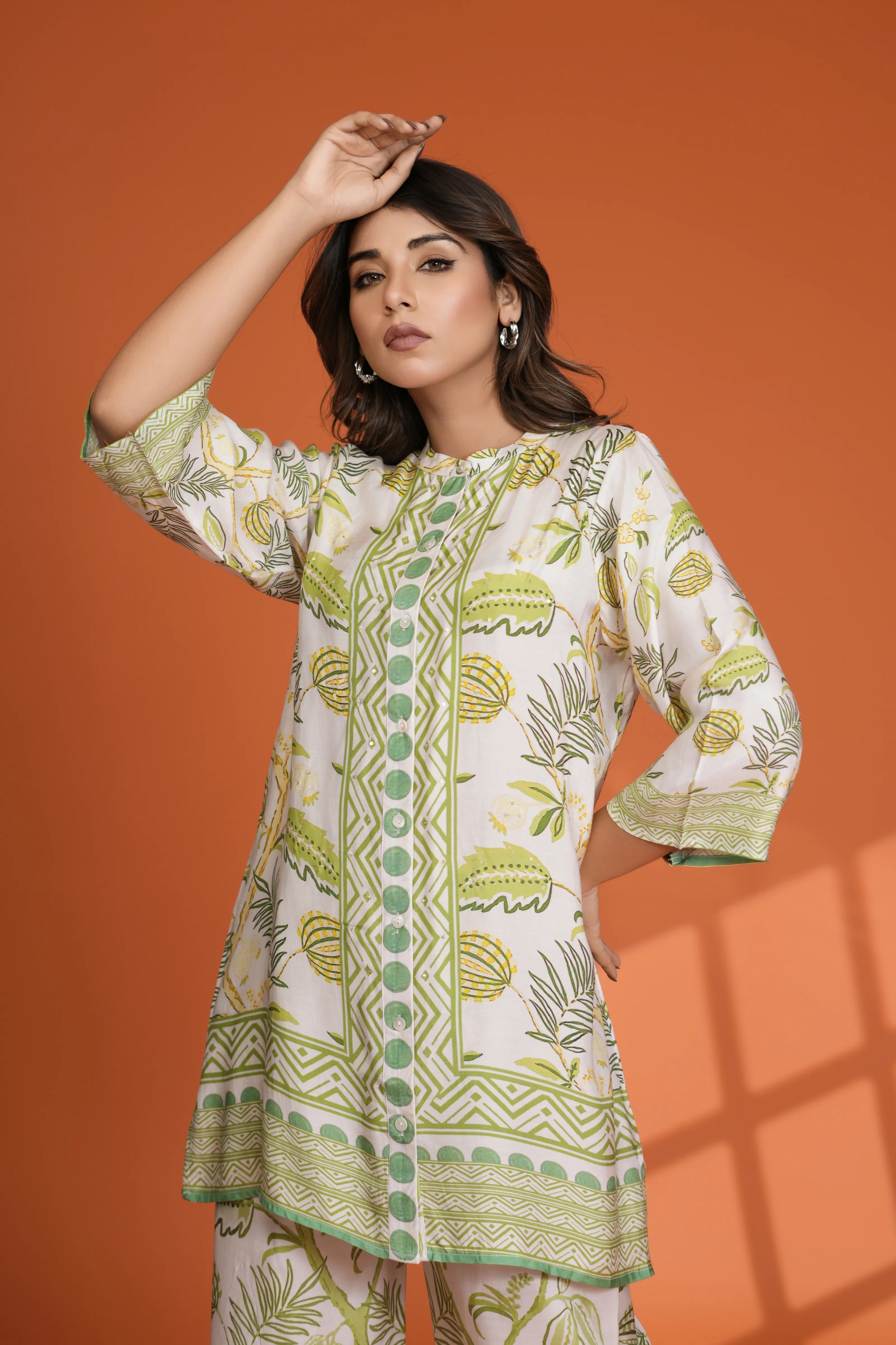 Off-White Abstract Floral Print Co-Ord Set with Sequin Detailing in Viscose Muslin