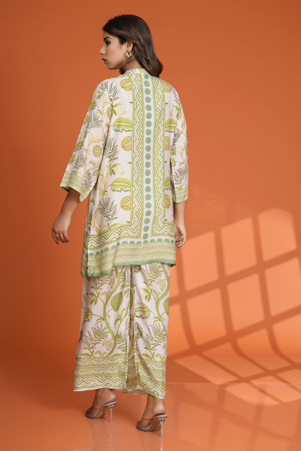 Off-White Abstract Floral Print Co-Ord Set with Sequin Detailing in Viscose Muslin