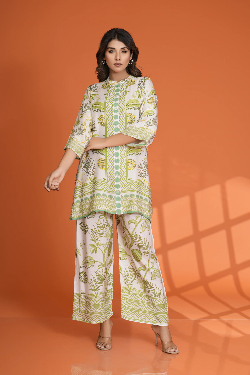 Off-White Abstract Floral Print Co-Ord Set with Sequin Detailing in Viscose Muslin