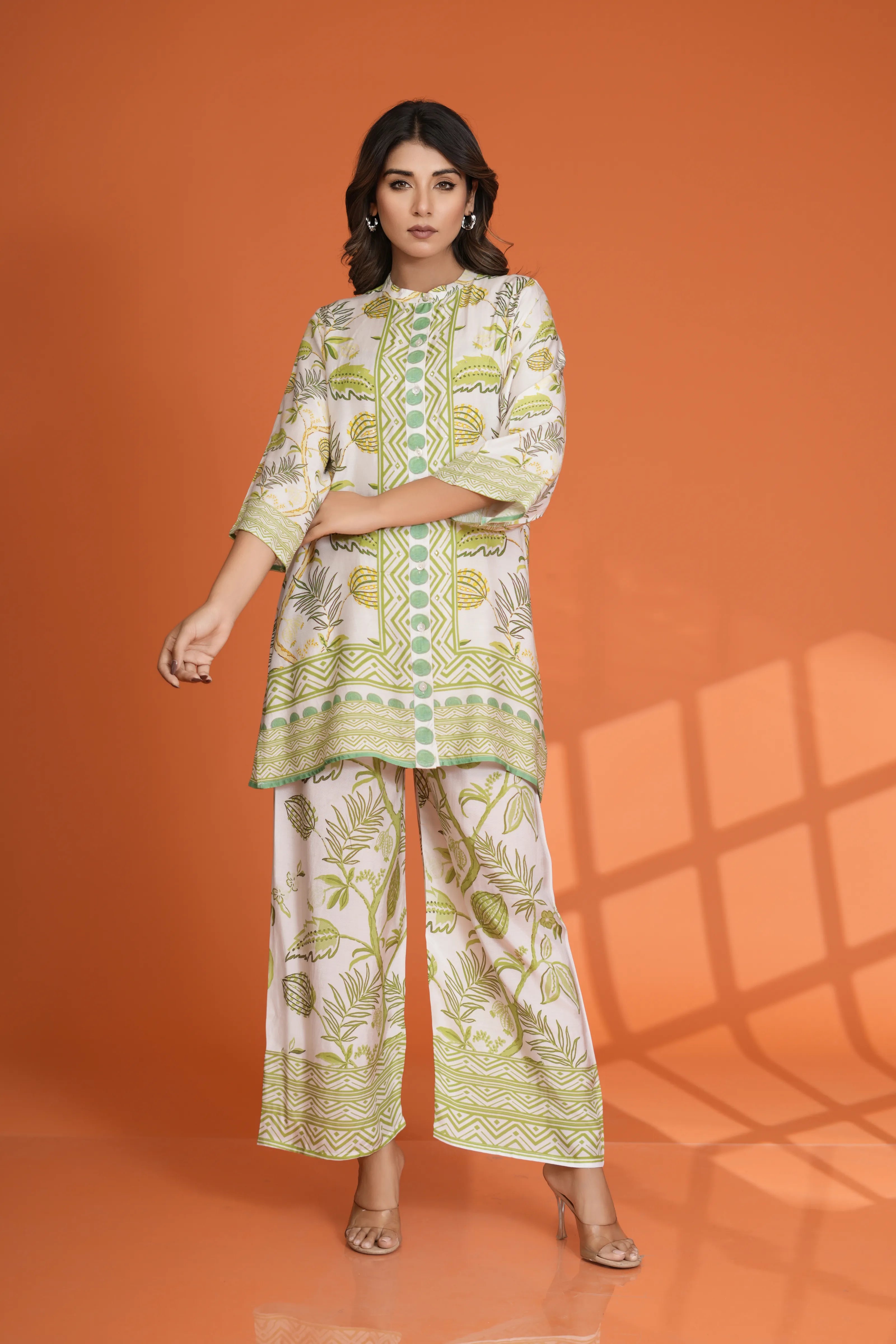 Off-White Abstract Floral Print Co-Ord Set with Sequin Detailing in Viscose Muslin