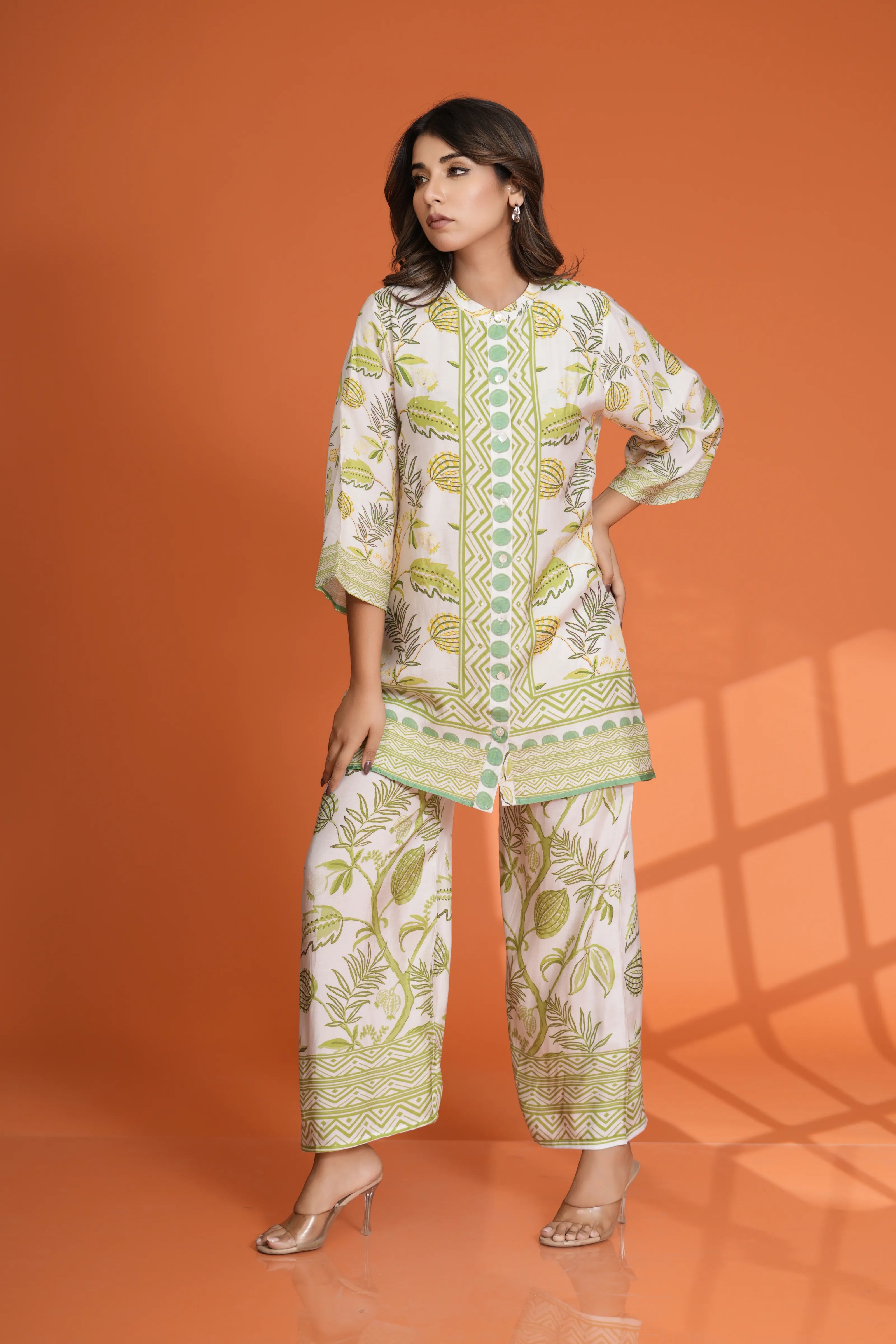 Off-White Abstract Floral Print Co-Ord Set with Sequin Detailing in Viscose Muslin