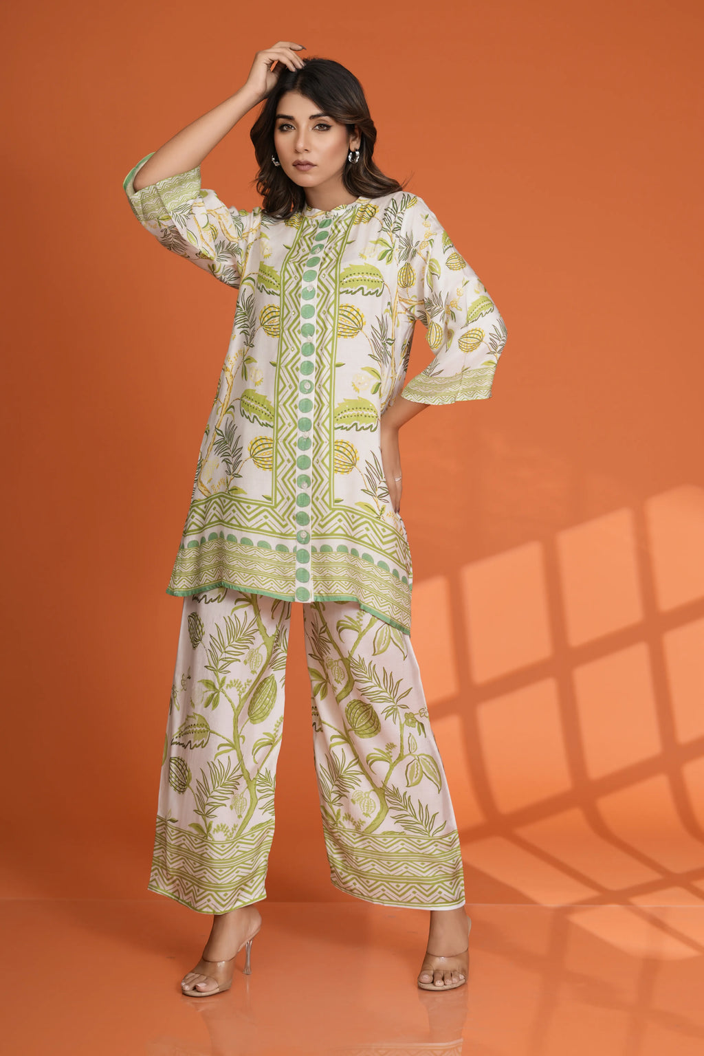 Off-White Abstract Floral Print Co-Ord Set with Sequin Detailing in Viscose Muslin