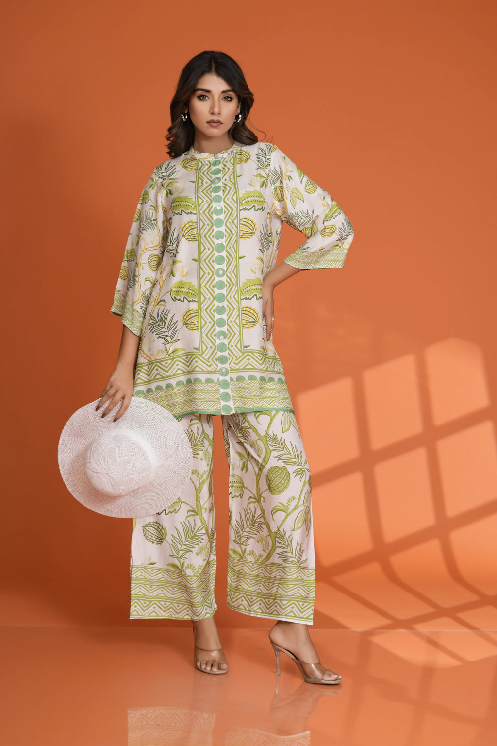 Off-White Abstract Floral Print Co-Ord Set with Sequin Detailing in Viscose Muslin