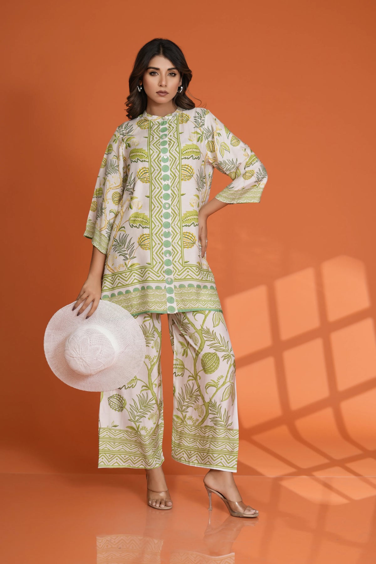 Off-White Abstract Floral Print Co-Ord Set with Sequin Detailing in Viscose Muslin