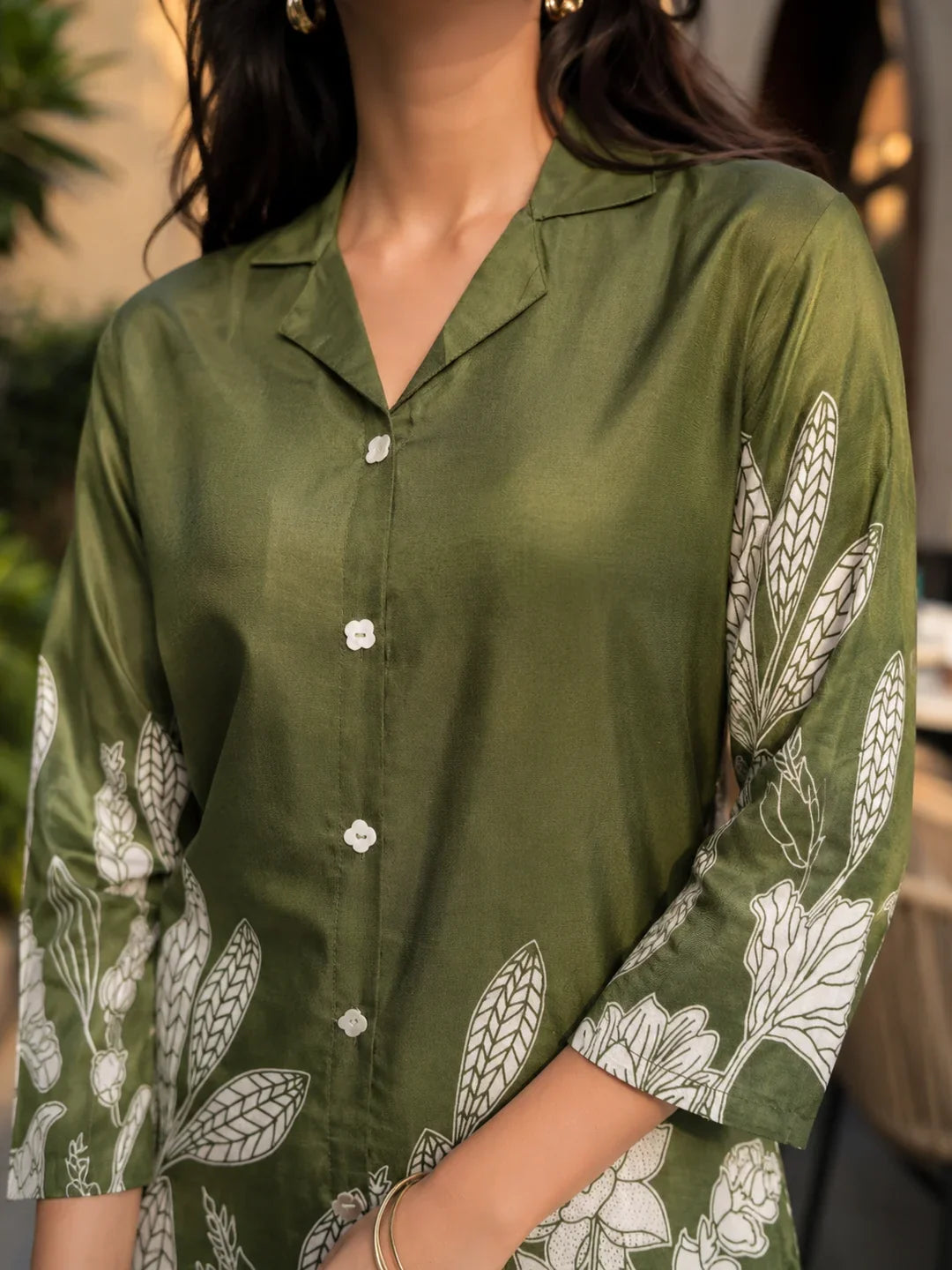 Olive Green Floral Printed Russian Silk Co-Ord Set with Shell Button Embellishments