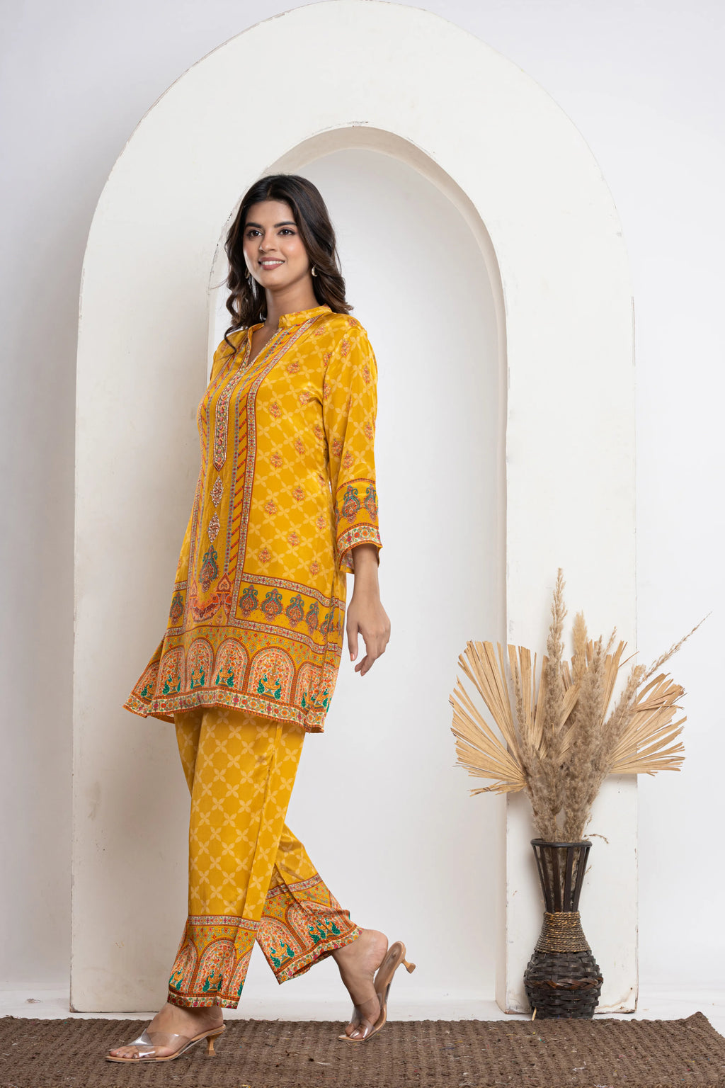 Mustard Dome & Peacock Print Crepe Kurti Set