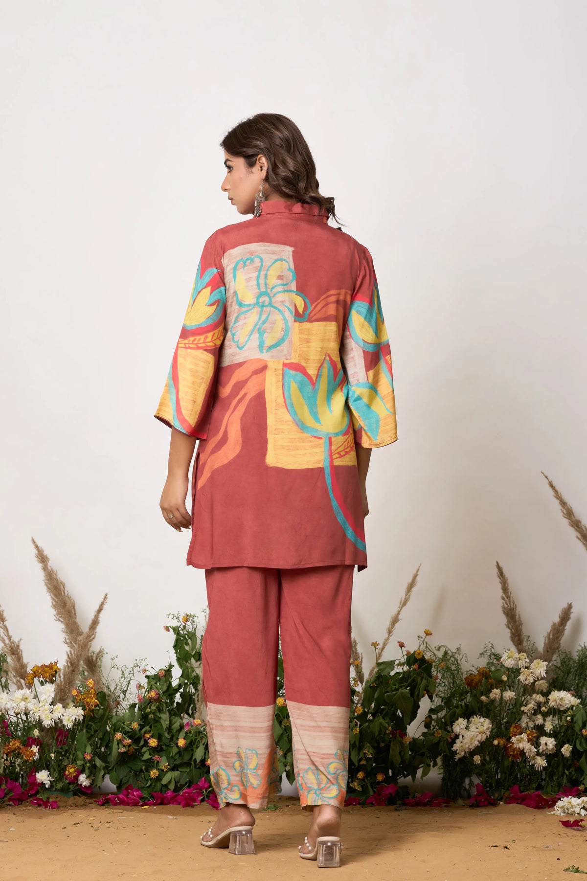 Rust Base Multicolor Abstract Floral Co-ord Set with Shell Tassels
