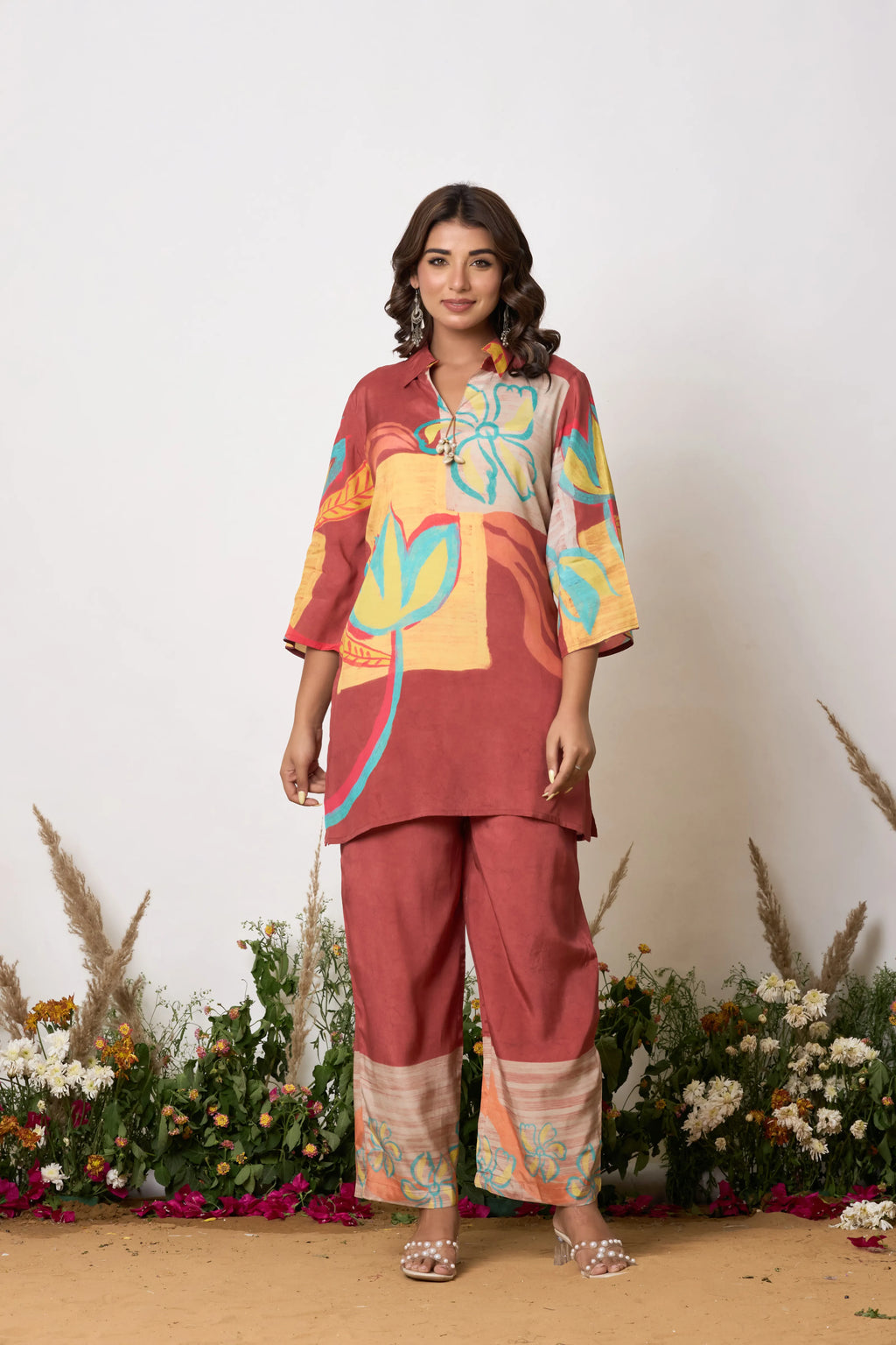 Rust Base Multicolor Abstract Floral Co-ord Set with Shell Tassels