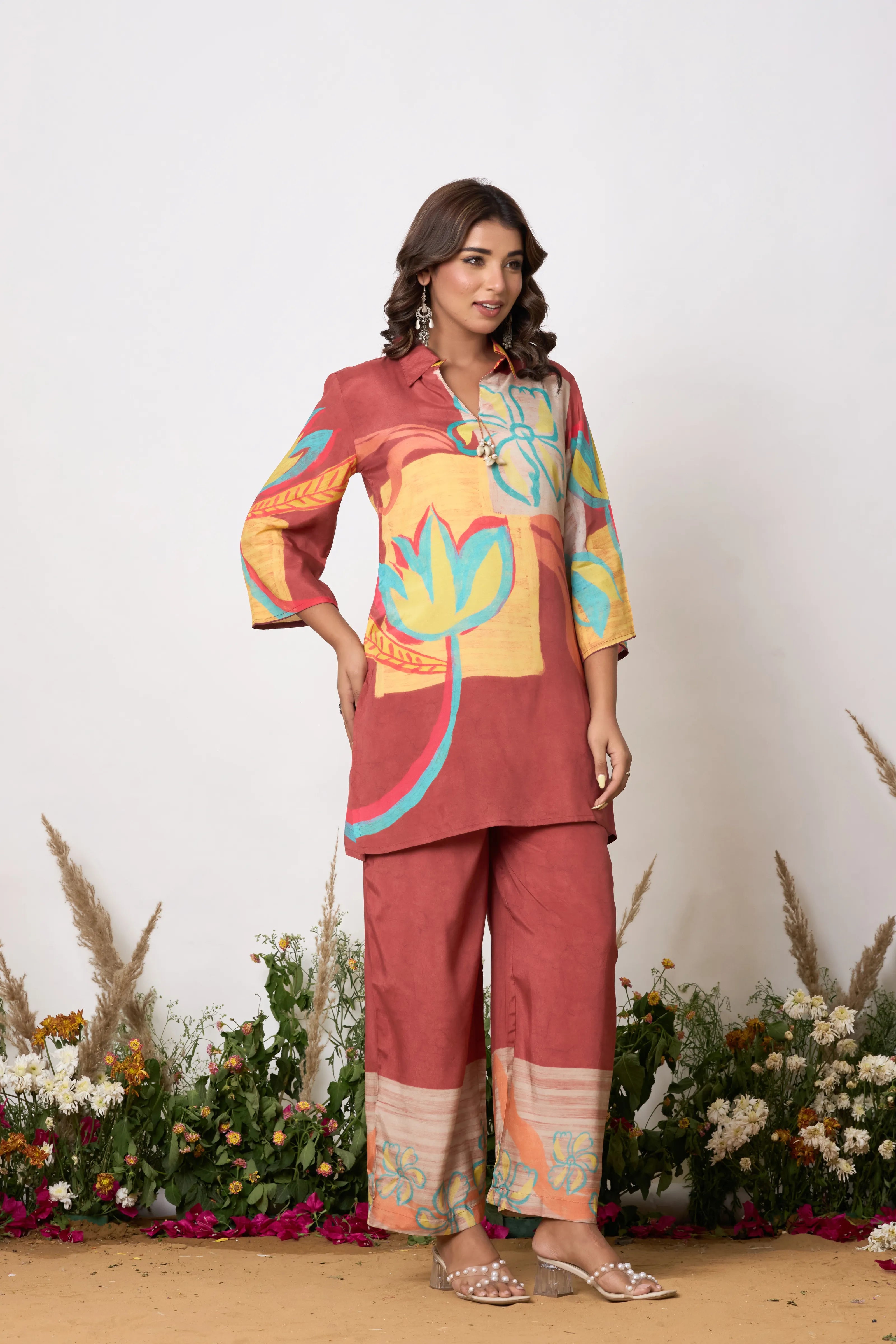 Rust Base Multicolor Abstract Floral Co-ord Set with Shell Tassels