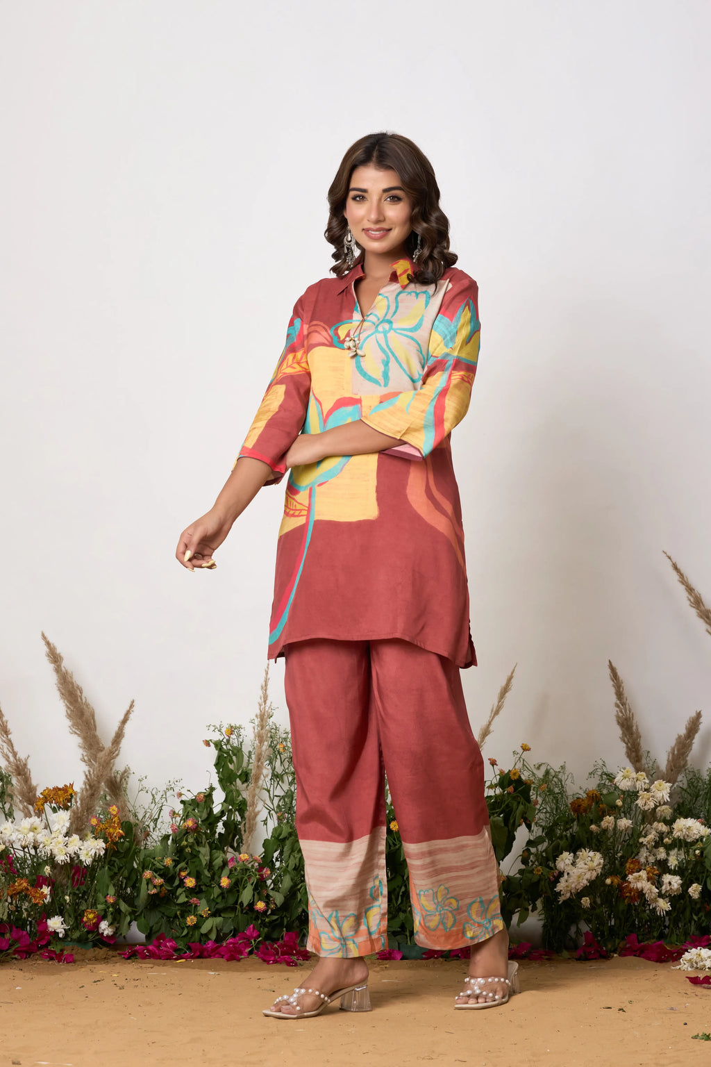 Rust Base Multicolor Abstract Floral Co-ord Set with Shell Tassels