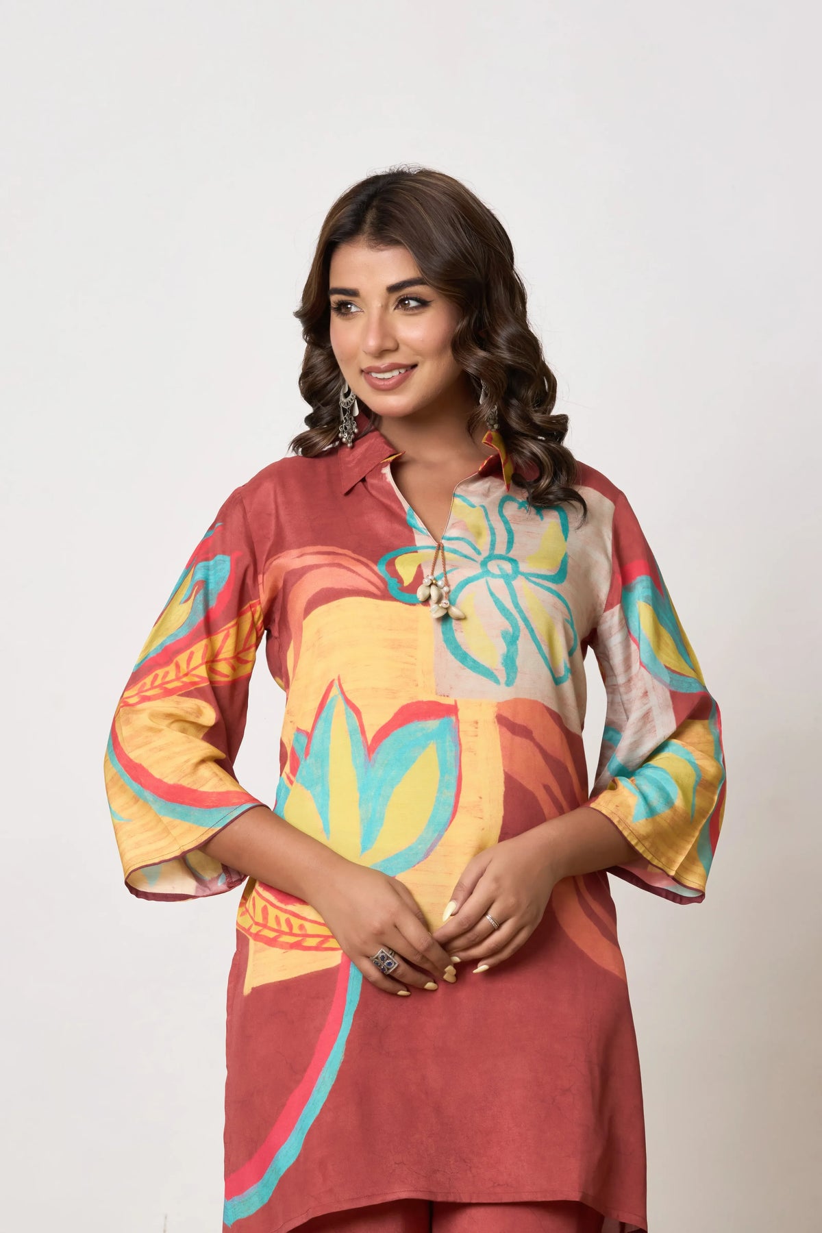 Rust Base Multicolor Abstract Floral Co-ord Set with Shell Tassels
