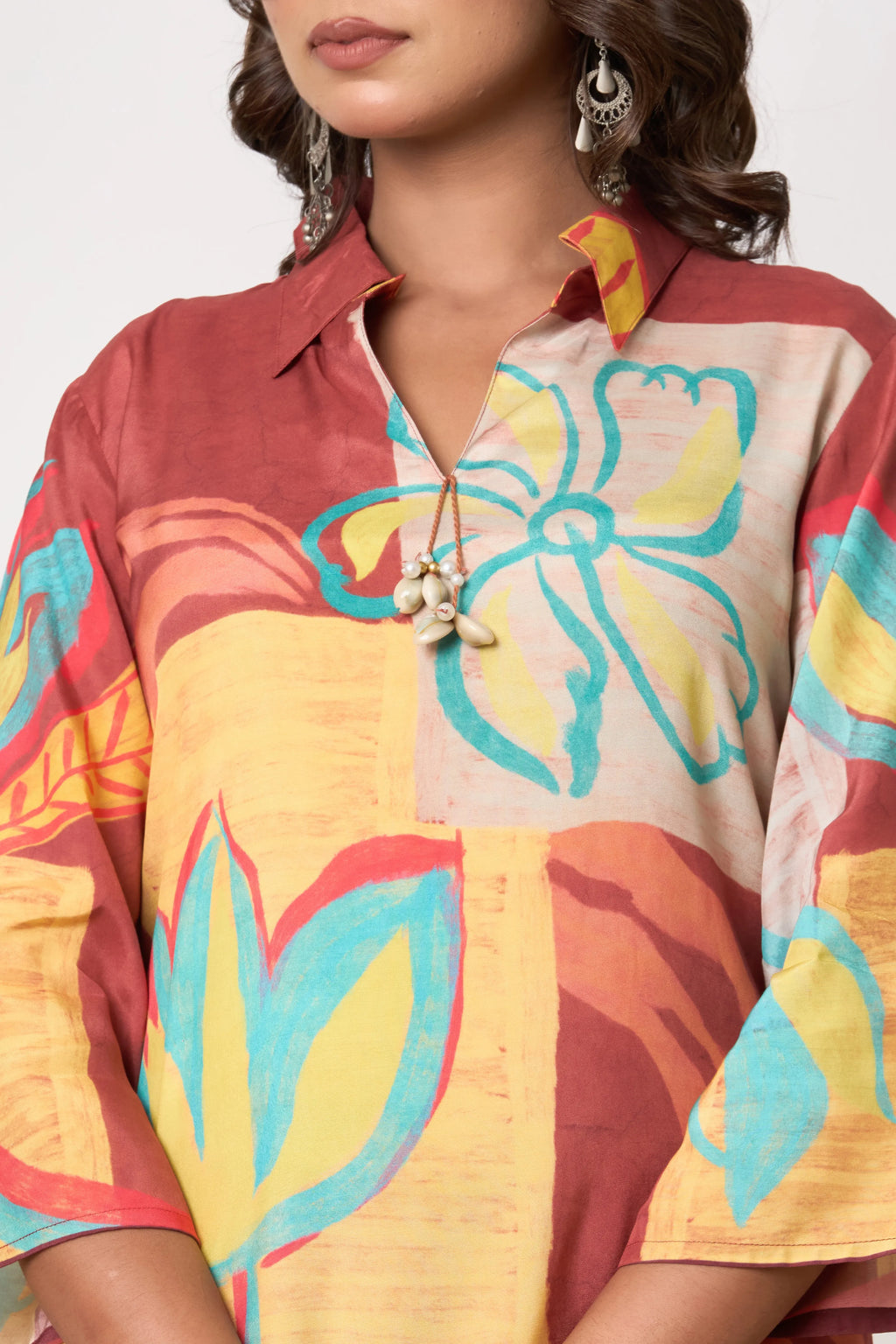 Rust Base Multicolor Abstract Floral Co-ord Set with Shell Tassels