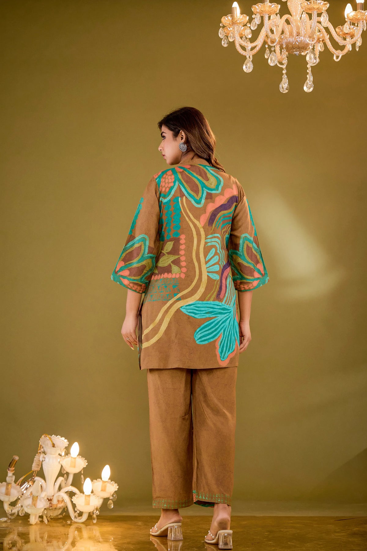 Brown Base Multicolor Abstract Floral Co-ord Set in Crepe