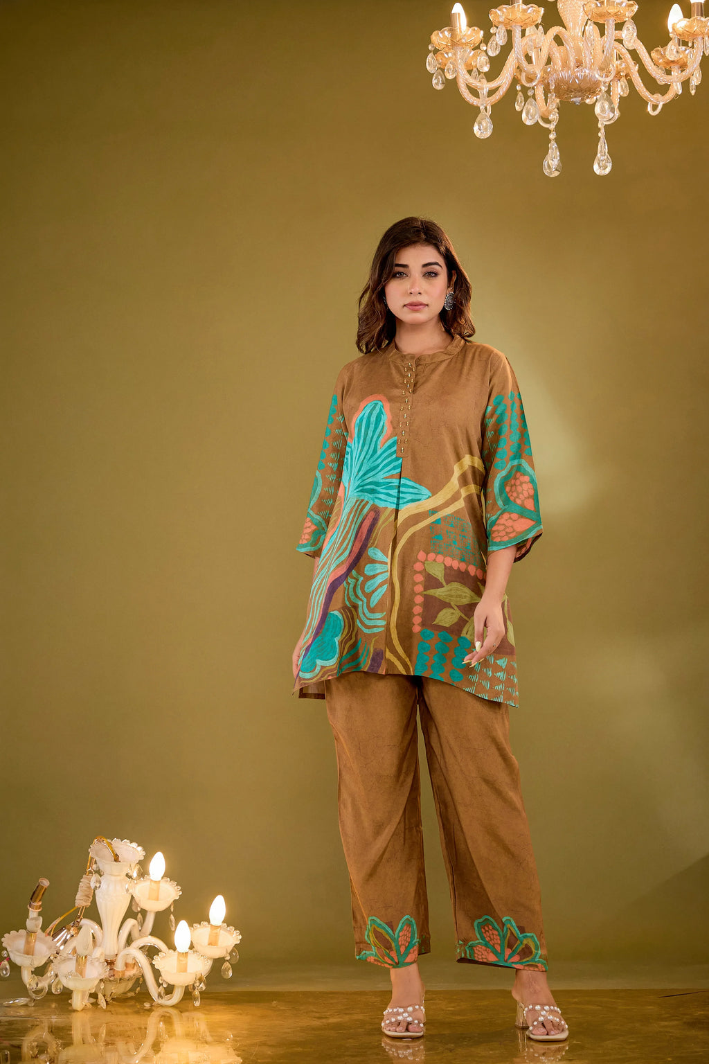 Brown Base Multicolor Abstract Floral Co-ord Set in Crepe