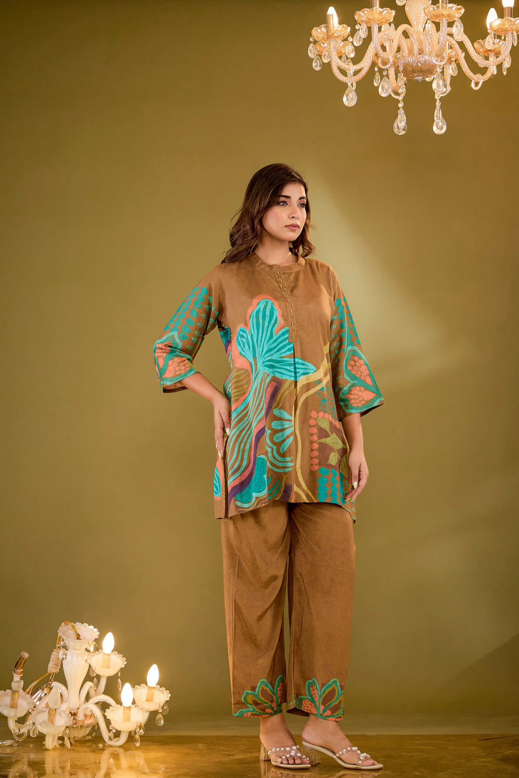 Brown Base Multicolor Abstract Floral Co-ord Set in Crepe