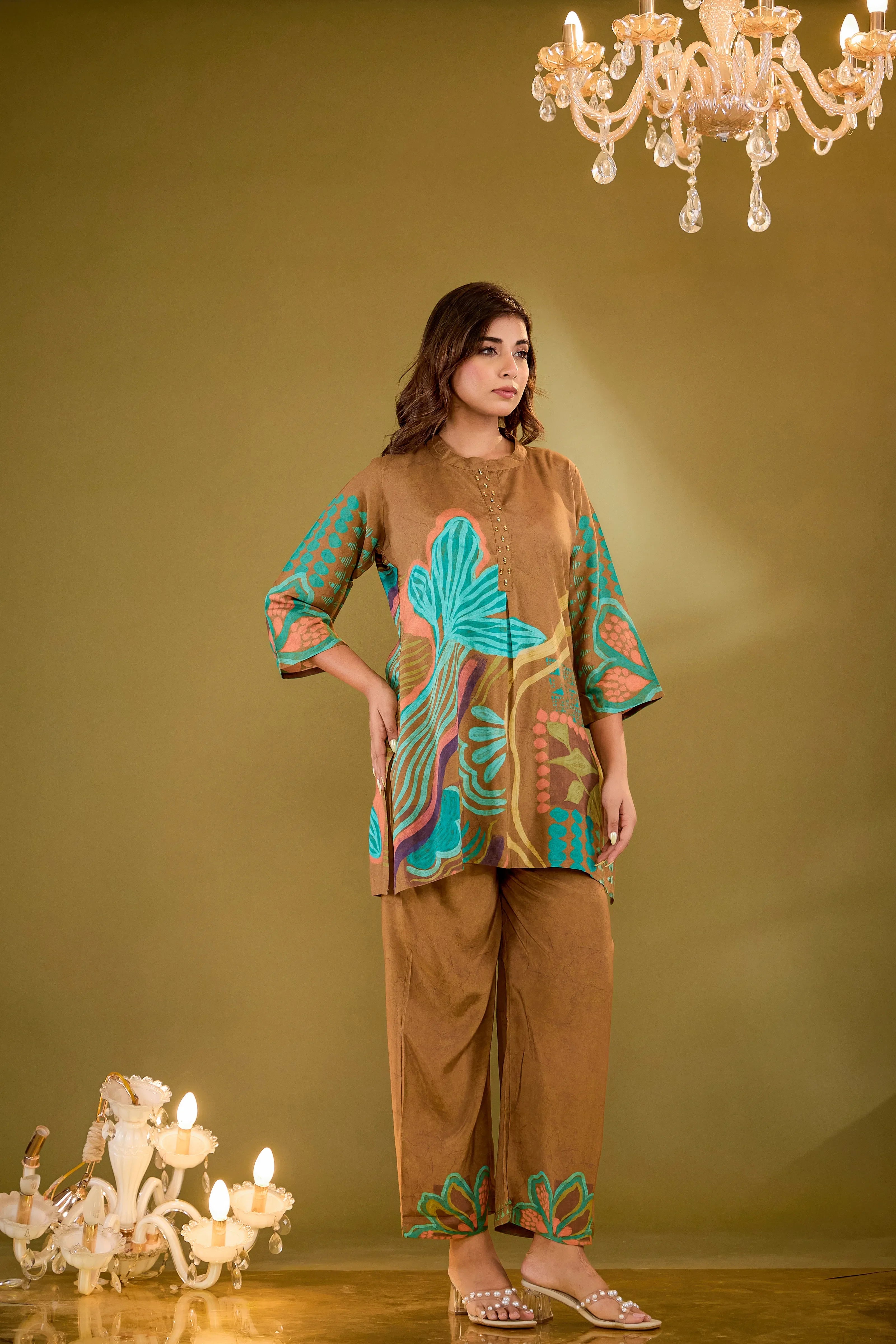 Brown Base Multicolor Abstract Floral Co-ord Set in Crepe
