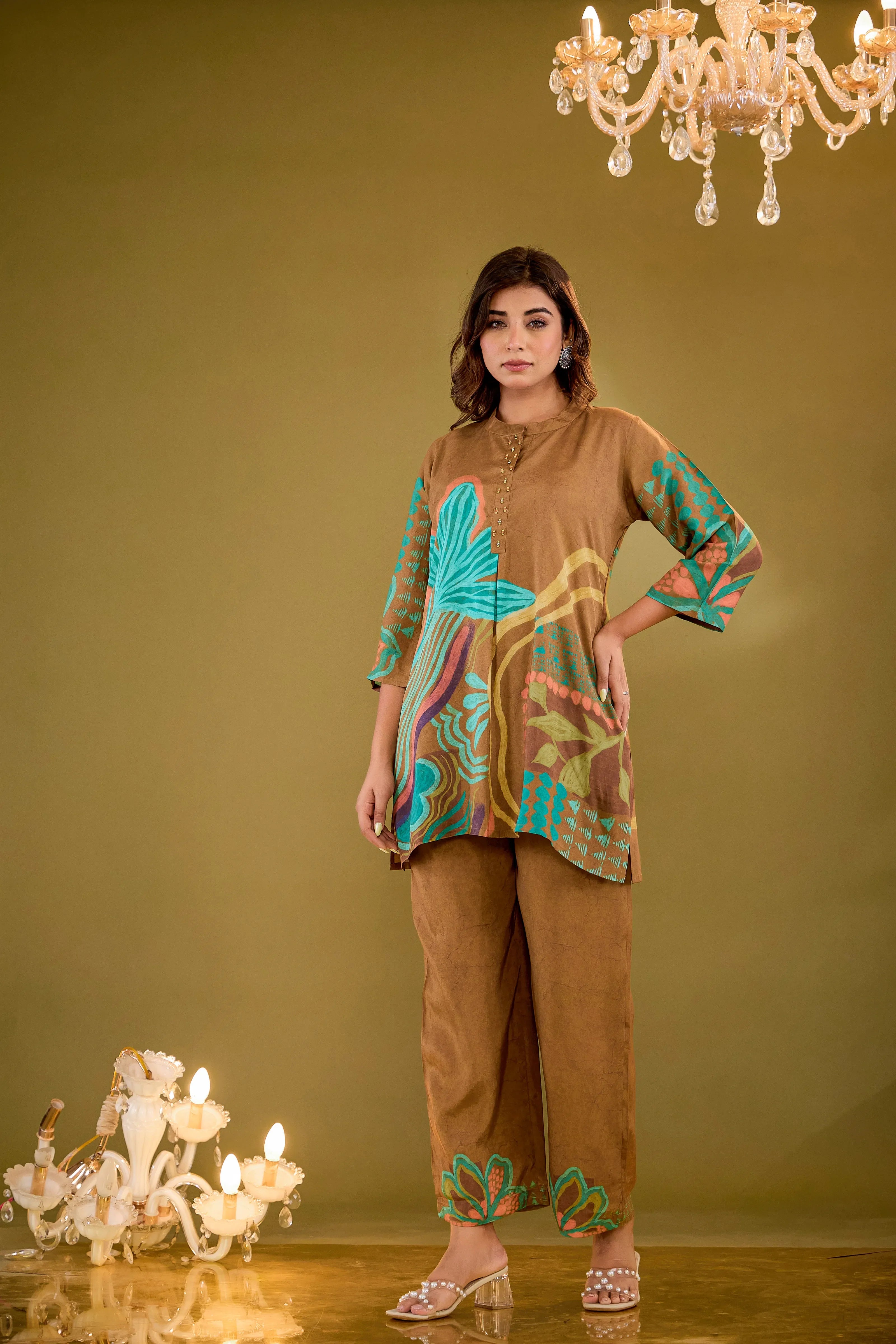 Brown Base Multicolor Abstract Floral Co-ord Set in Crepe