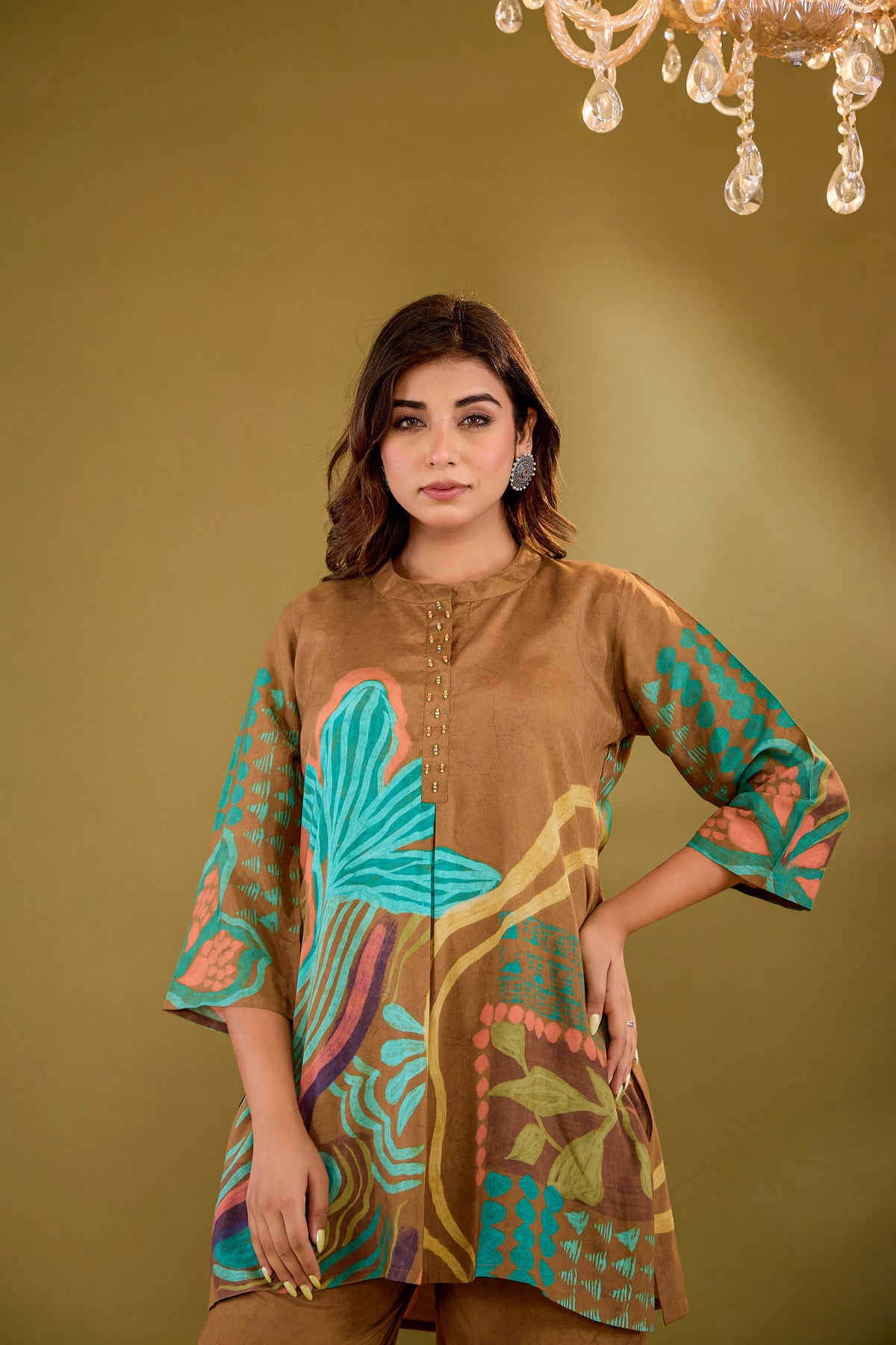 Brown Base Multicolor Abstract Floral Co-ord Set in Crepe