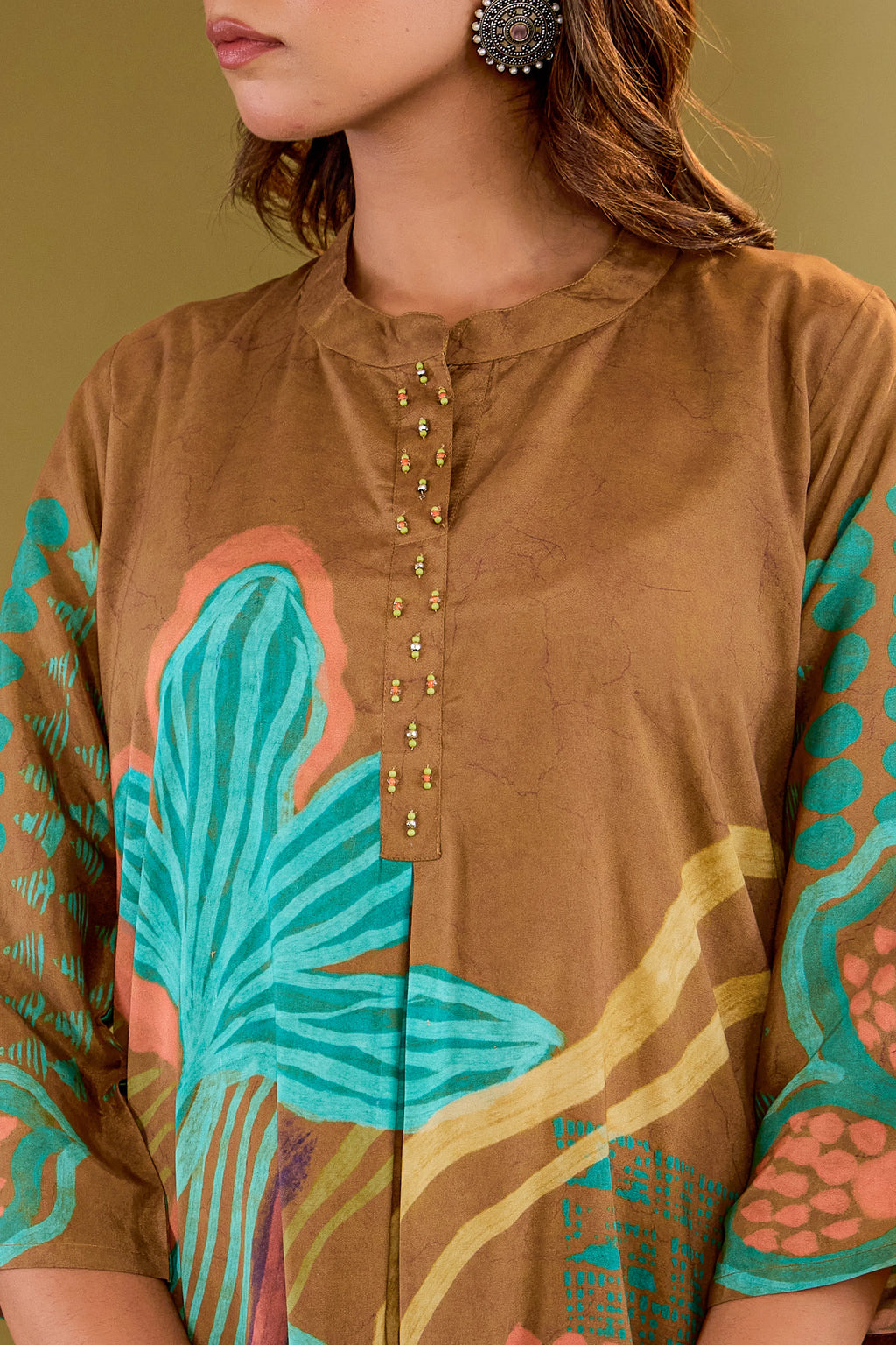 Brown Base Multicolor Abstract Floral Co-ord Set in Crepe