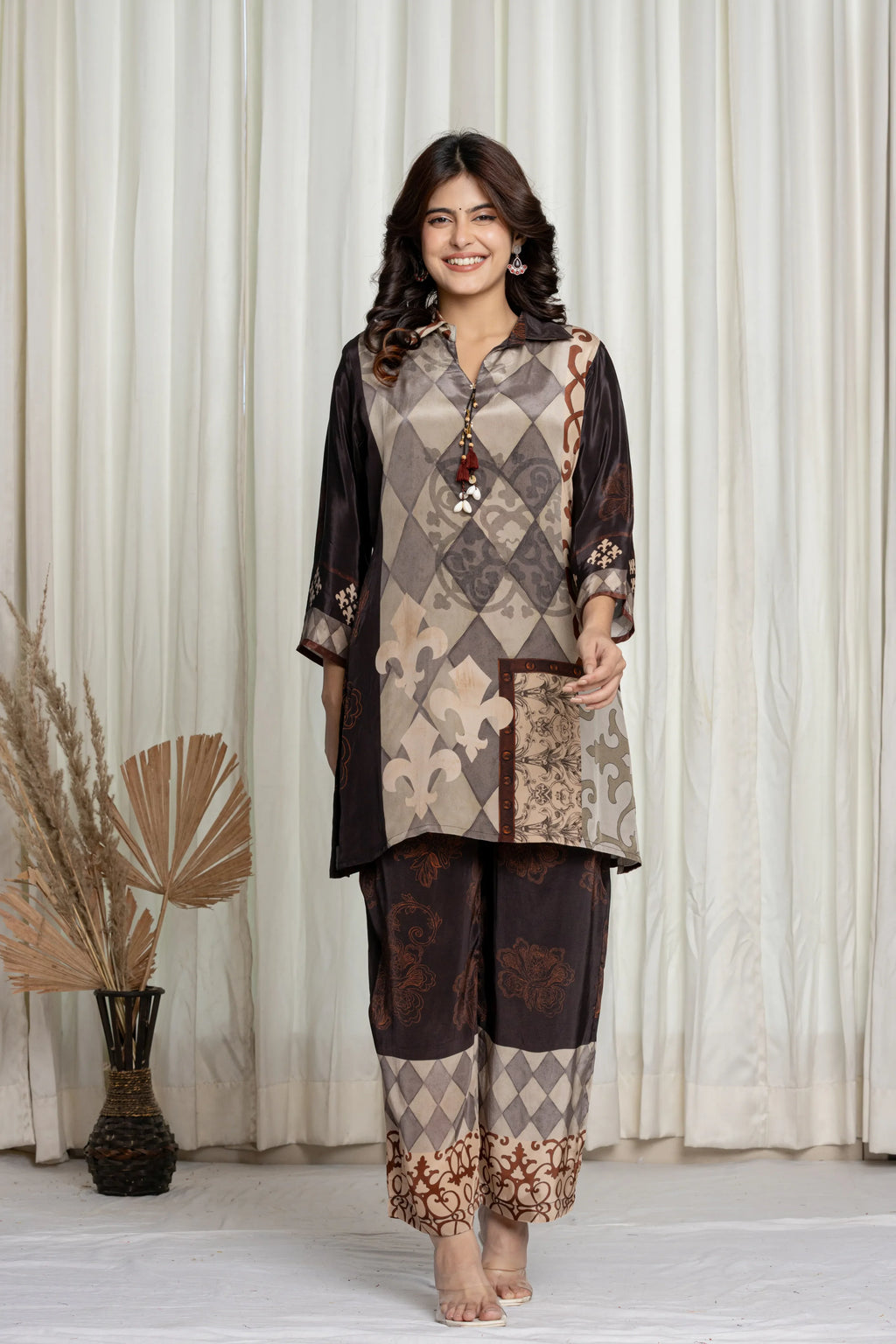 Brown & Grey Earth-Toned Cowrie Detail Co-ord Set